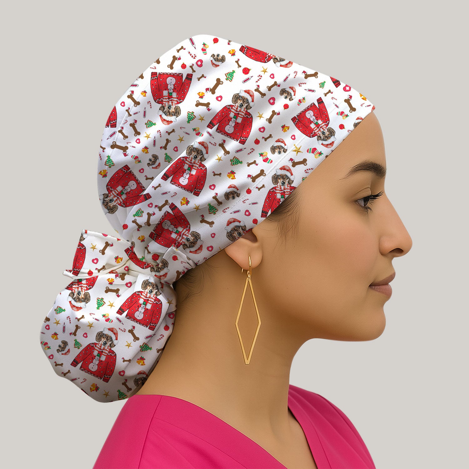 Funny Dog Christmas Scrub Cap – Cute Puppy in Santa Outfit Pattern – Festive Holiday Medical Uniform For Nurses And Pet Lovers