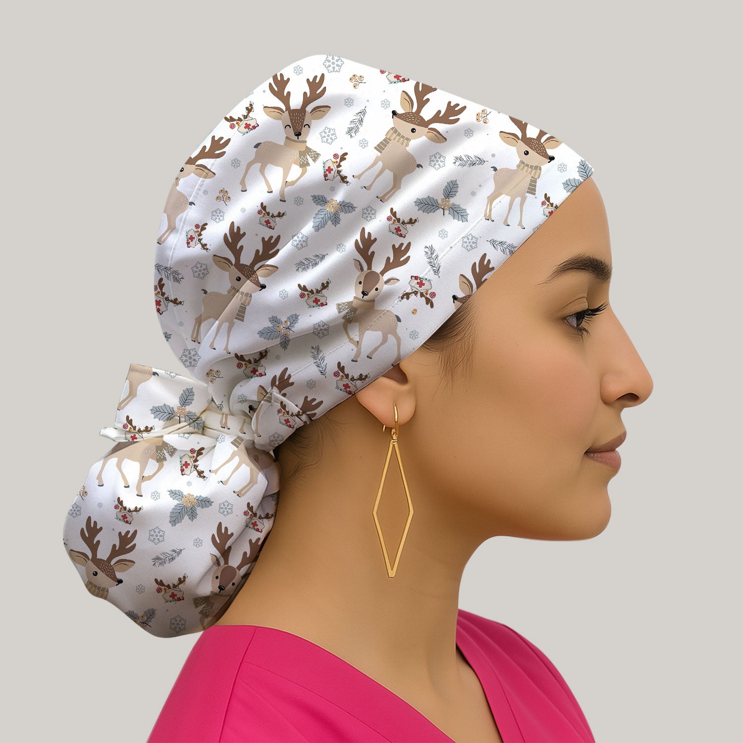 Reindeer Christmas Bouffant Scrub Caps for Women - Cozy Holiday Cute Deer Holiday Nursing Gift - Breathable Fabrics Caps Uniform
