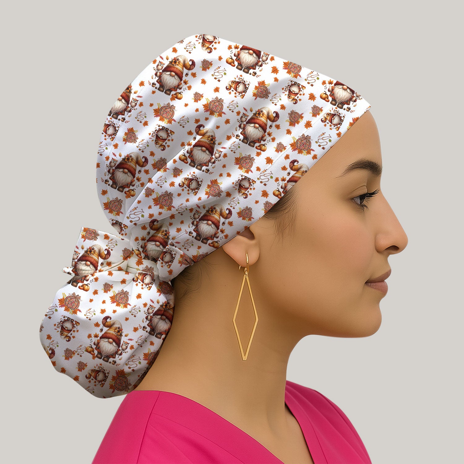 Autumn Leaves Pumpkin Bouffant Scrub Caps for Women - Thanksgiving Surgical Caps for Doctors - Gnome Lover Gift for Her