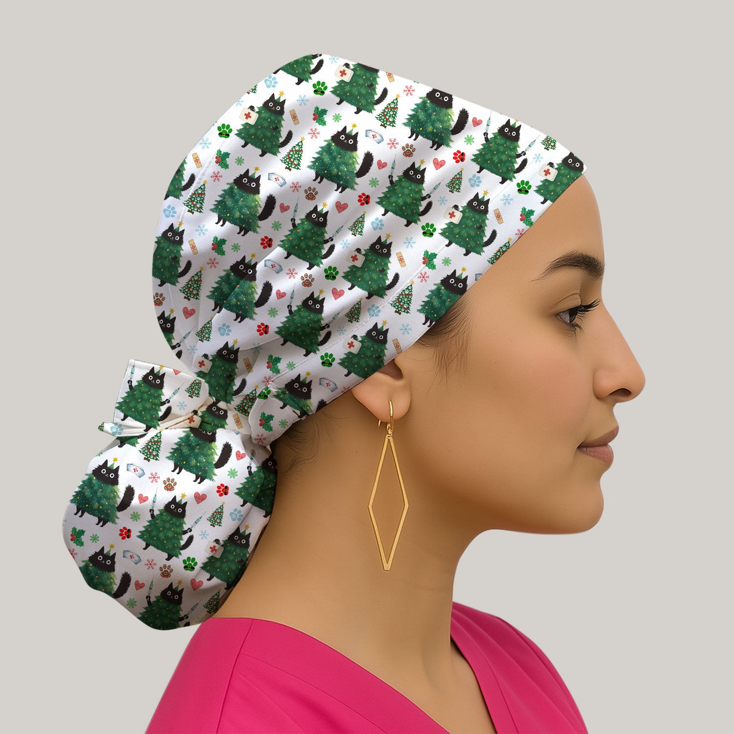 Christmas Nurse Scrub Cap, Xmas Black Cat Pattern Nurse Hat,  Breathable Fabrics Nursing Uniform