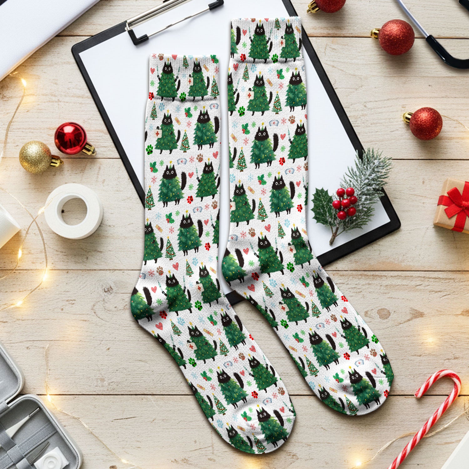 Christmas Nurse Scrub Socks, Xmas Black Cat Pattern Nurse Sock,  Breathable Fabrics Nursing Uniform