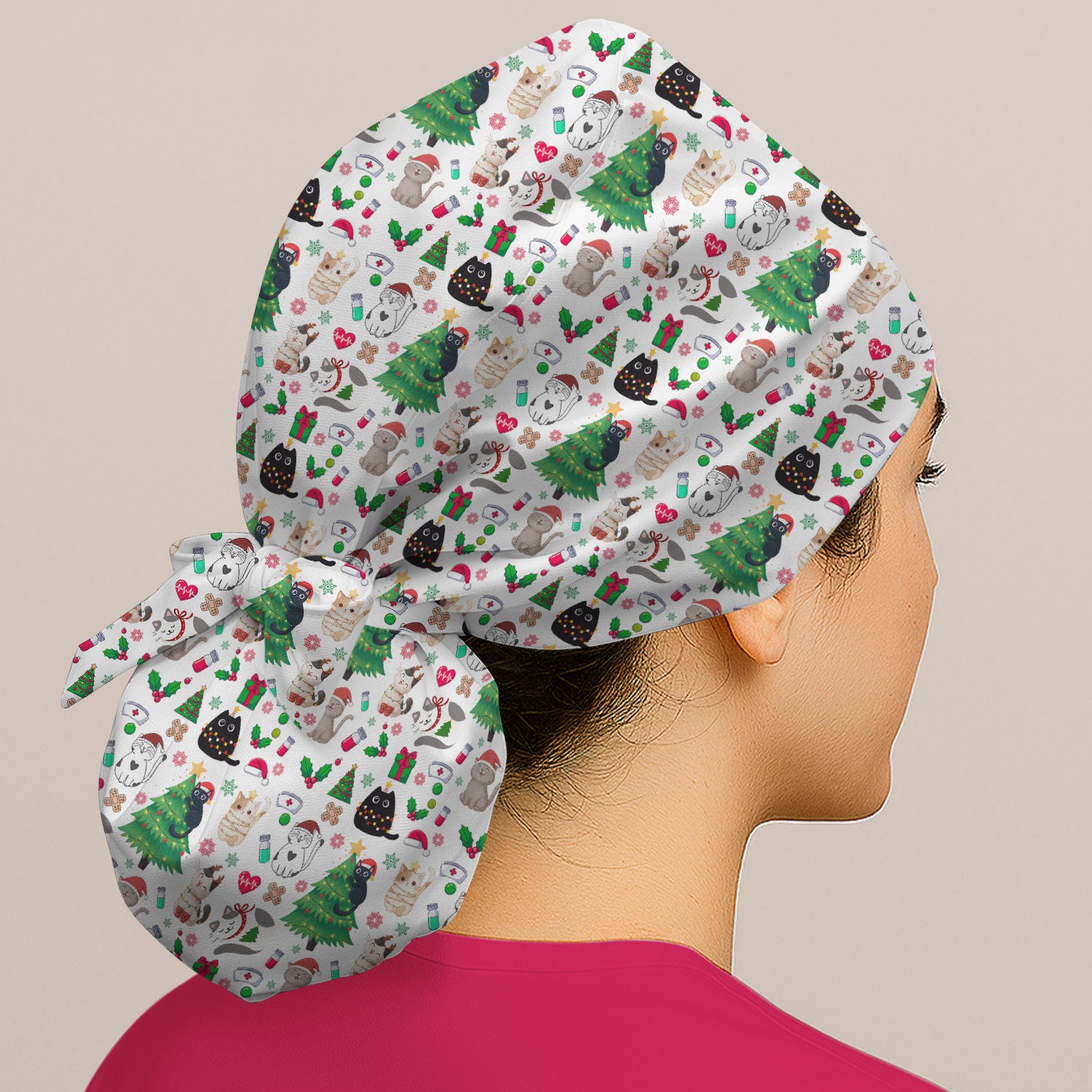 Christmas Cat Scrub Hat, Xmas Pet Pattern Scrub Cap, Breathable Fabrics Nursing Uniform