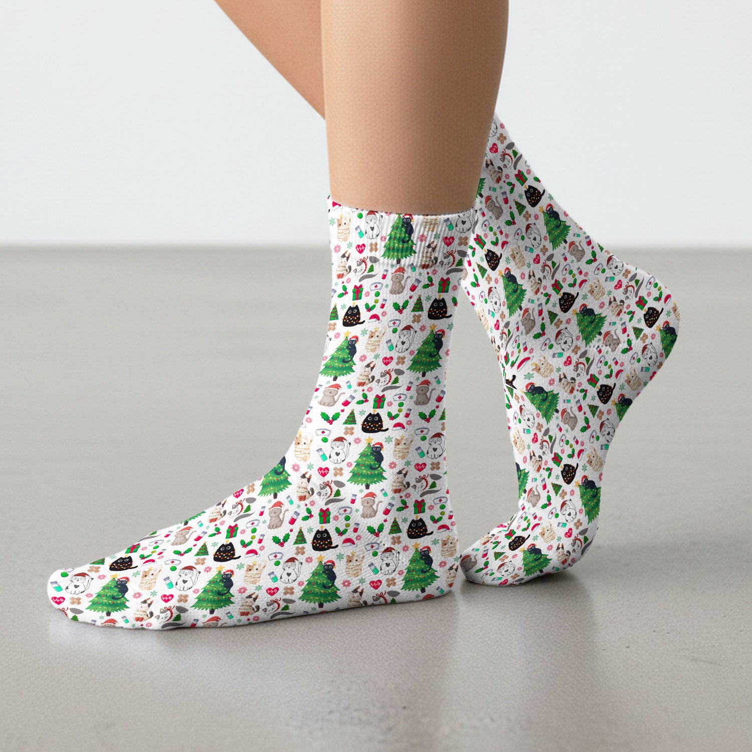 Christmas Cat Scrub Socks, Xmas Pet Pattern Scrub Sock, Breathable Fabrics Nursing Uniform