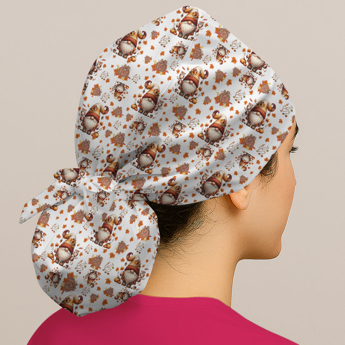 Autumn Leaves Pumpkin Bouffant Scrub Caps for Women - Thanksgiving Surgical Caps for Doctors - Gnome Lover Gift for Her