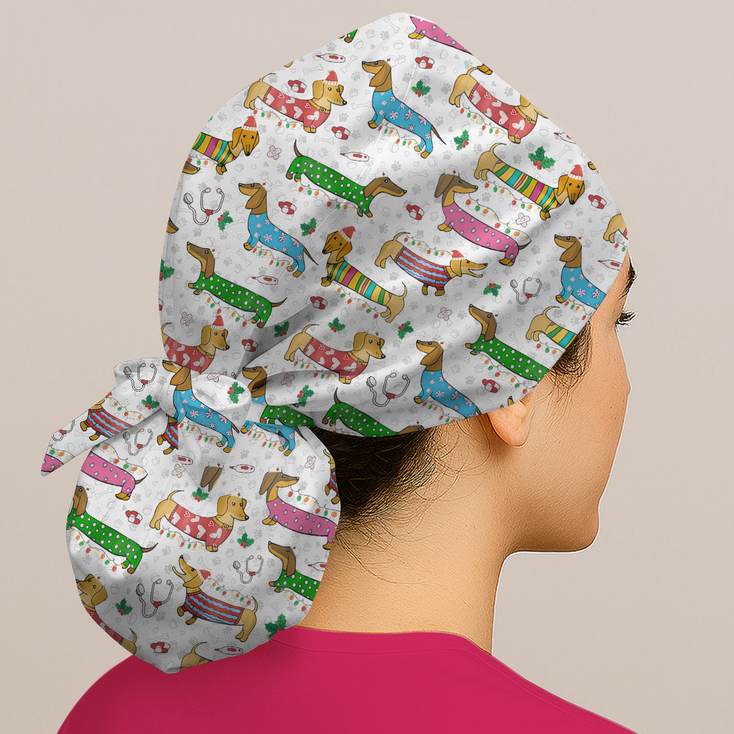 Funny Dachshund Bouffant Scrub Caps for Women - Cute Wiener Dog Holiday Nursing Gift - Puppy Lover Gift