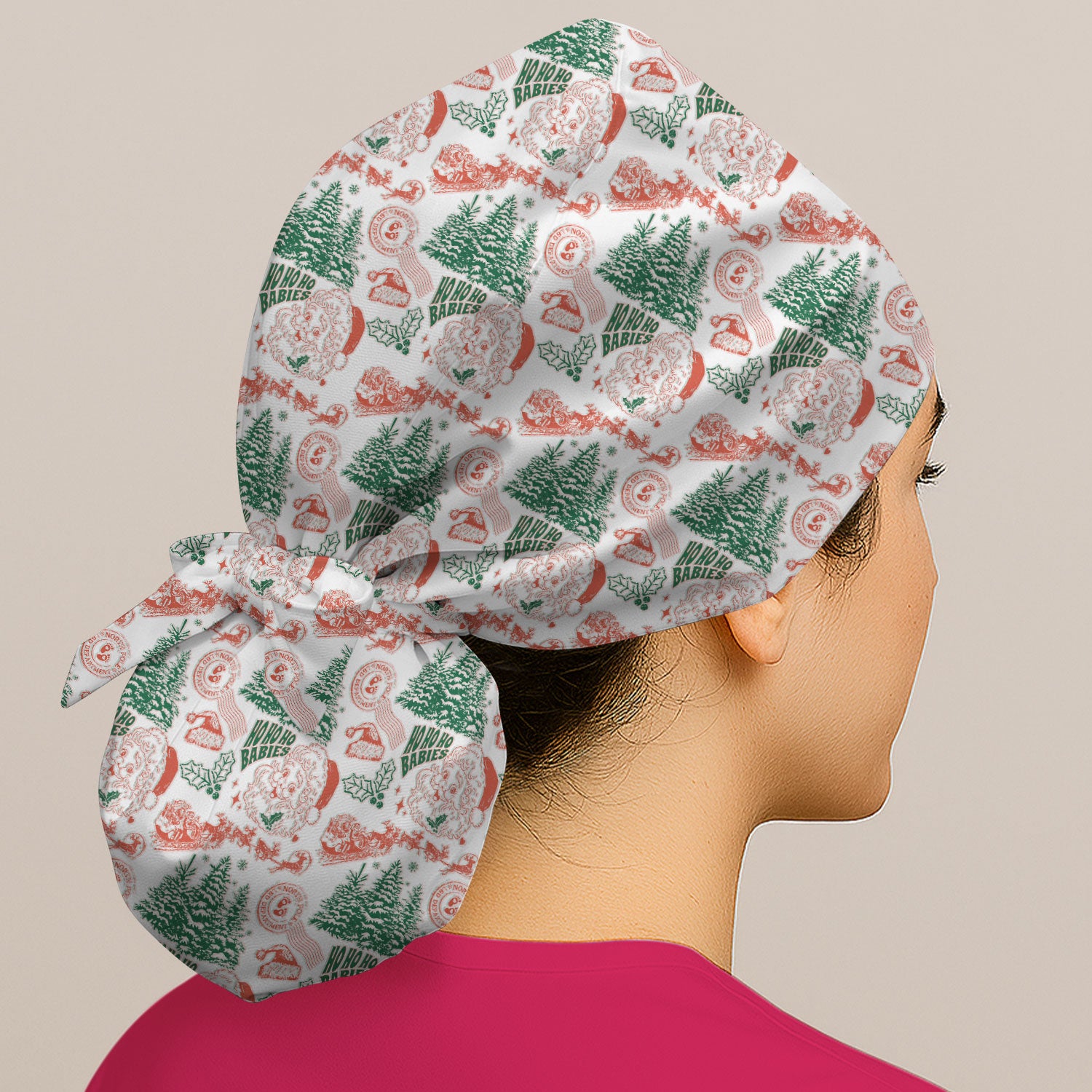 Christmas Santa Scrub Cap, Vintage Holiday Nurse Cap, Festive Medical Uniform For Nursing
