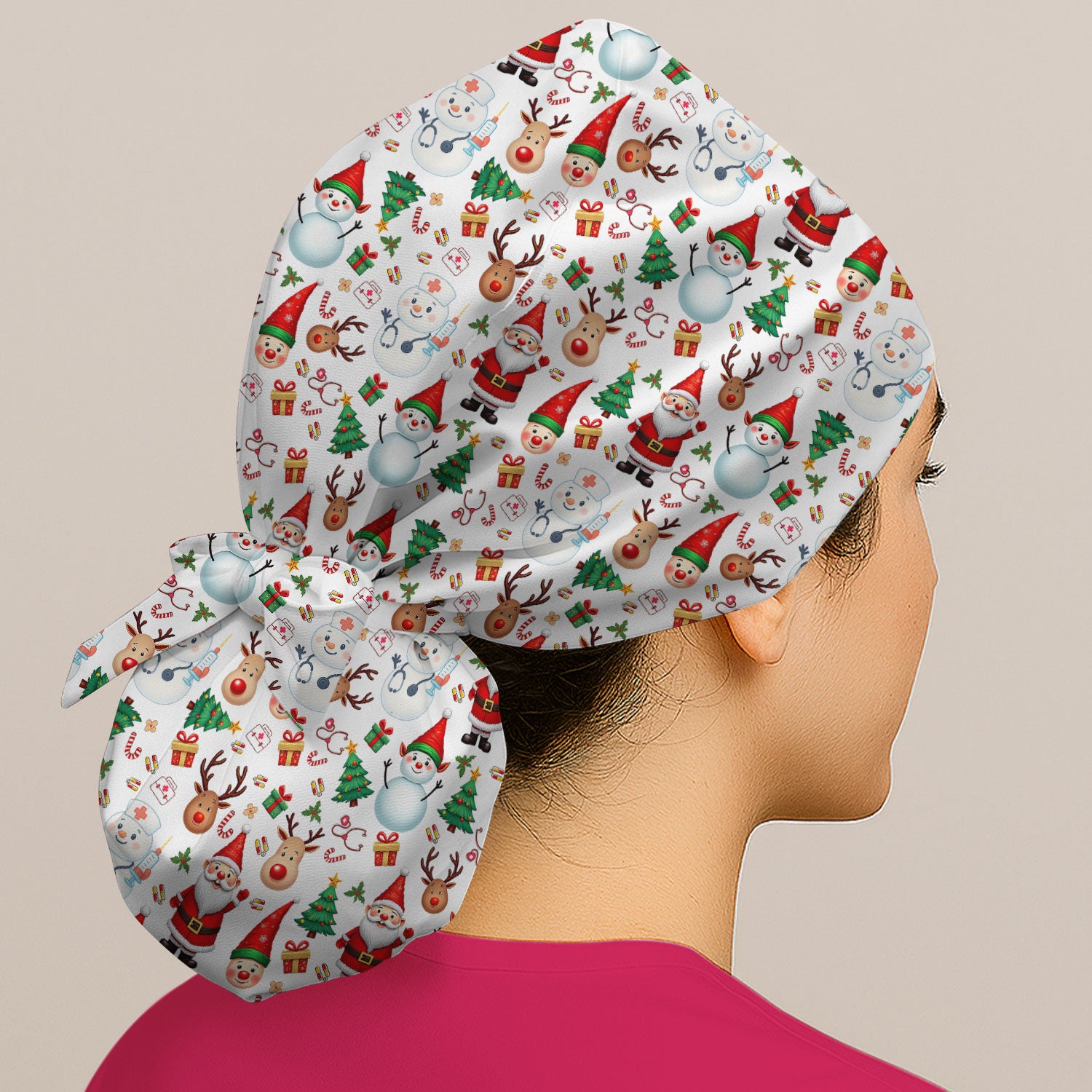 Christmas Bouffant Scrub Caps for Women - Cute Snowman Reindeer Santa Surgical Caps for Doctors - Breathable Fabrics Caps Uniform