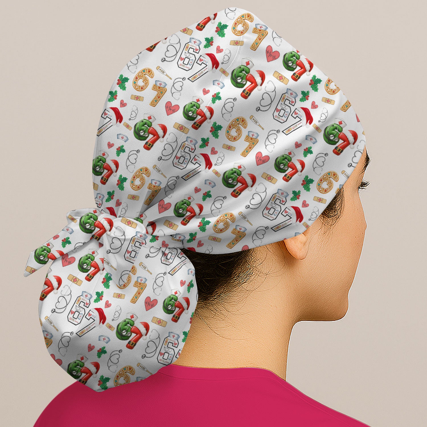 Christmas Nurse 67 Pattern Scrub Cap, Cute Holiday Medical Hat With Santa Hat, Uniform For Nursing