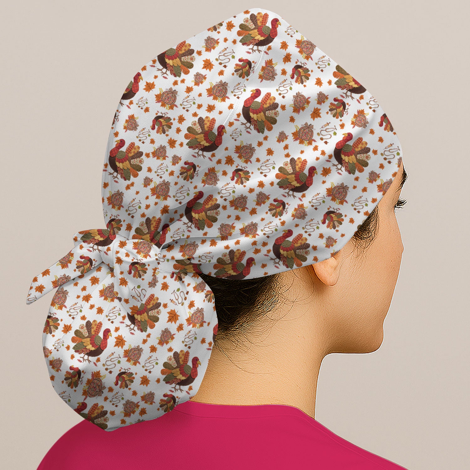 Fall Leaves Thanksgiving Bouffant Scrub Caps for Women - Breathable Fabrics Caps Uniform - Funny Turkey Surgical Caps for Doctors