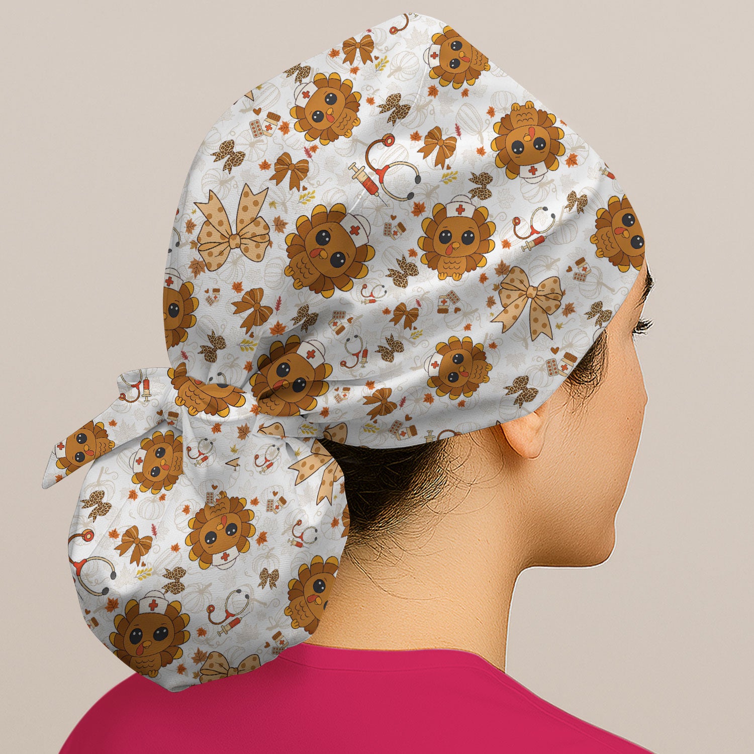 Thanksgiving Bouffant Scrub Caps for Women - Fall Leaves and Bow Holiday Nursing Gift - Breathable Fabrics Caps Uniform