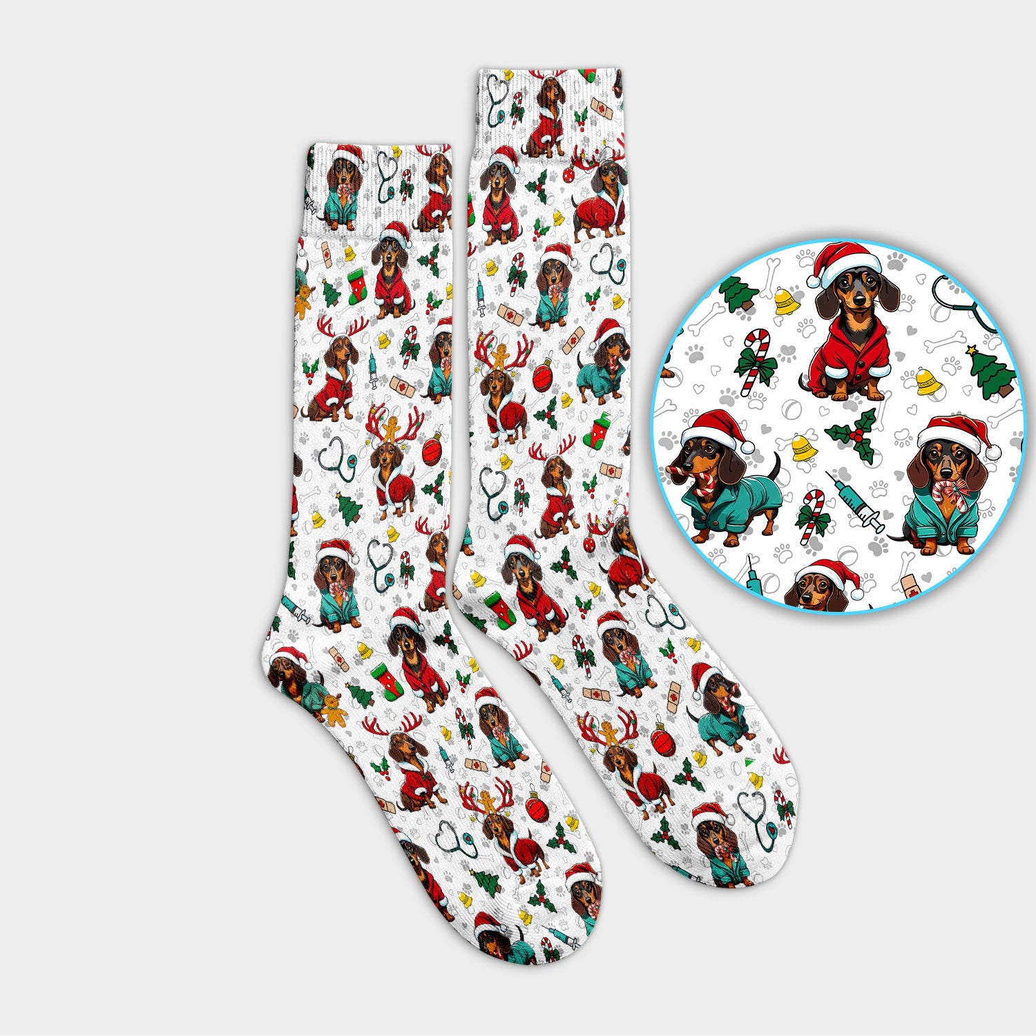 Christmas Dachshund Socks for Nurse Doctor - Cute Sausage Dog Funny Reindeer & Santa Adult Socks for Men and Women