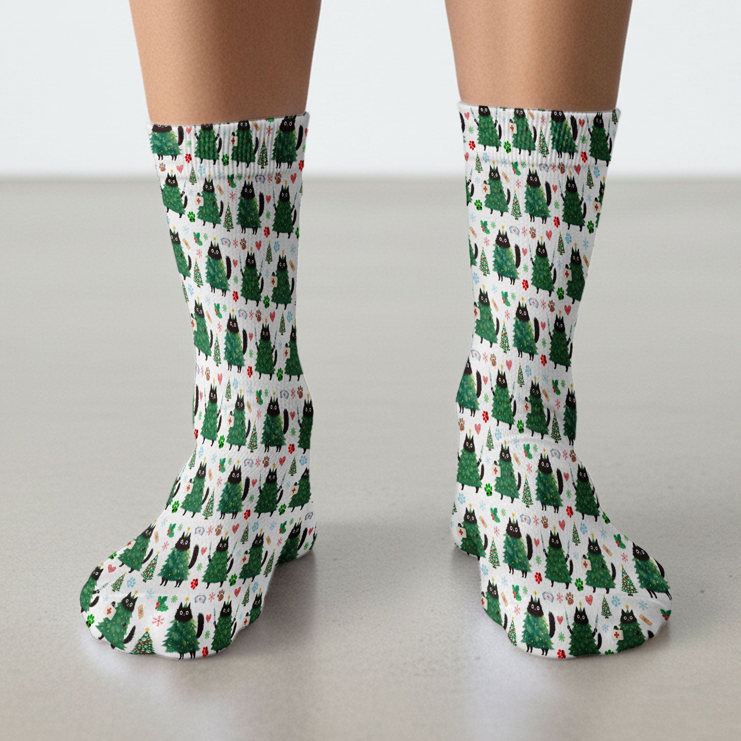 Christmas Nurse Scrub Socks, Xmas Black Cat Pattern Nurse Sock,  Breathable Fabrics Nursing Uniform