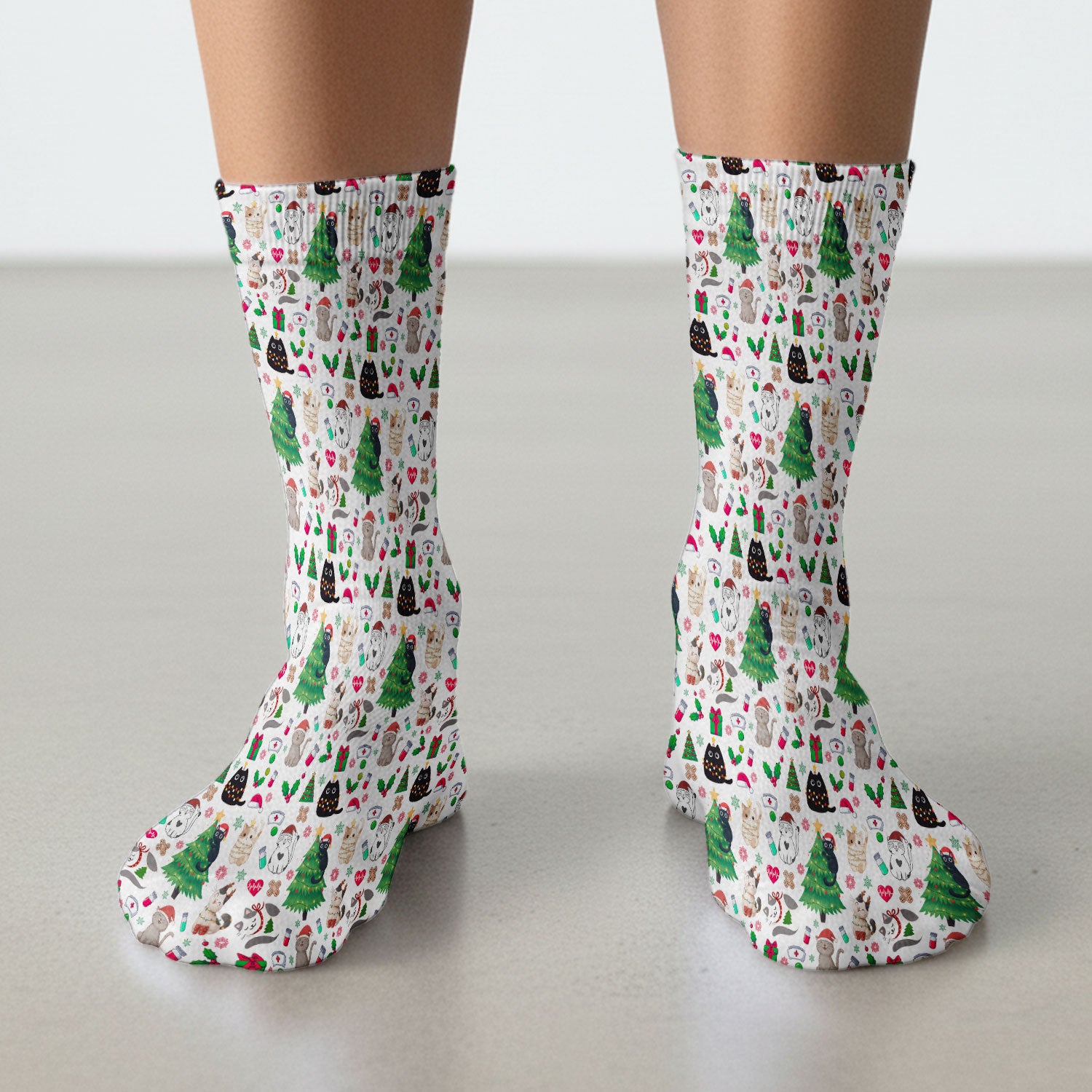 Christmas Cat Scrub Socks, Xmas Pet Pattern Scrub Sock, Breathable Fabrics Nursing Uniform