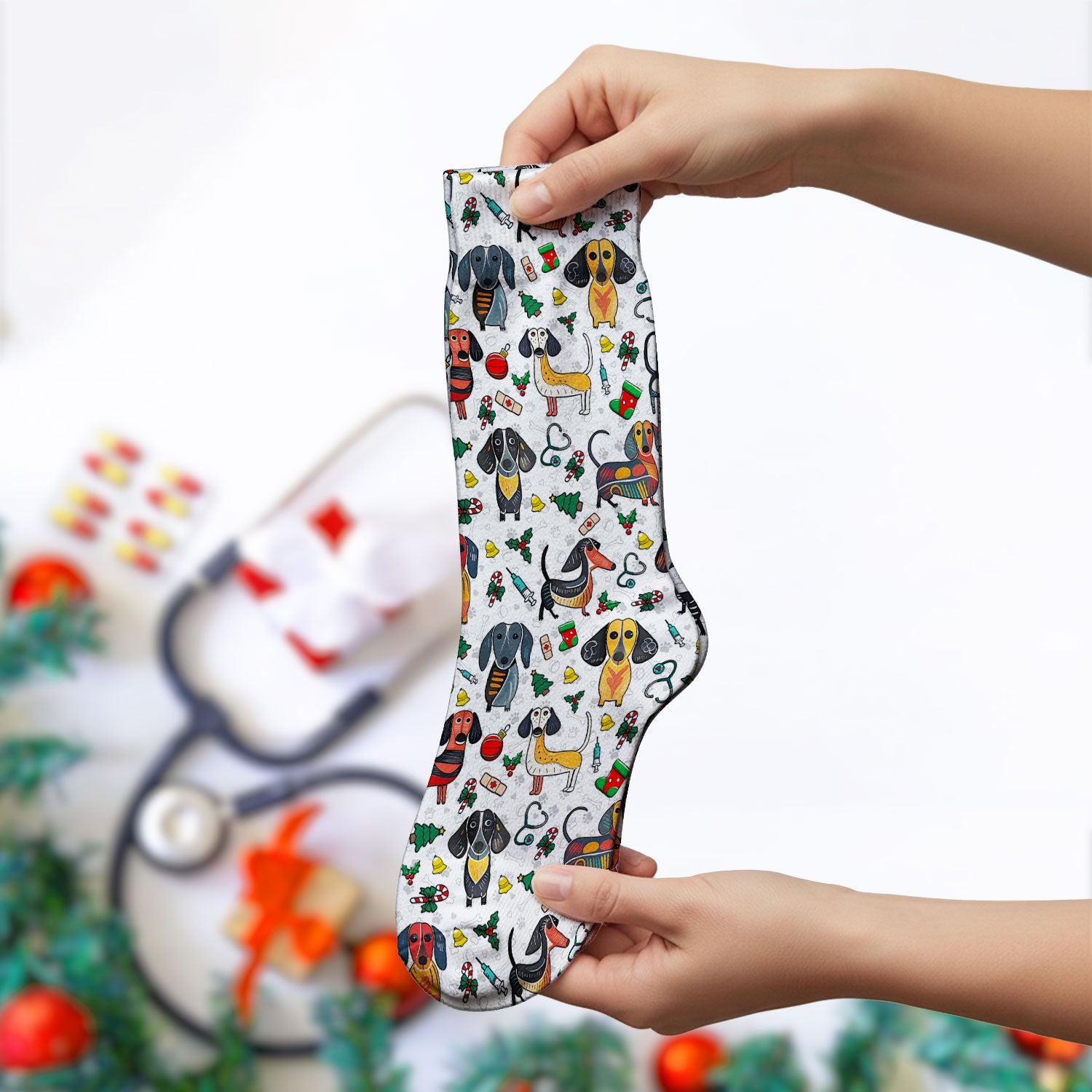 Christmas Wiener Dog Socks for Nurse Doctor - Dachshund Adult Socks for Men and Women - Breathable Fabrics Medical Uniform