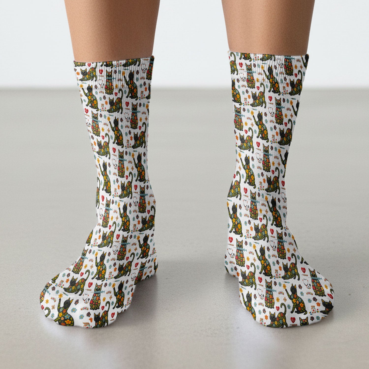Floral Black Cat Pattern Scrub Socks, Cute Cat Nurse Scrub Sock, Medical Nursing Uniform