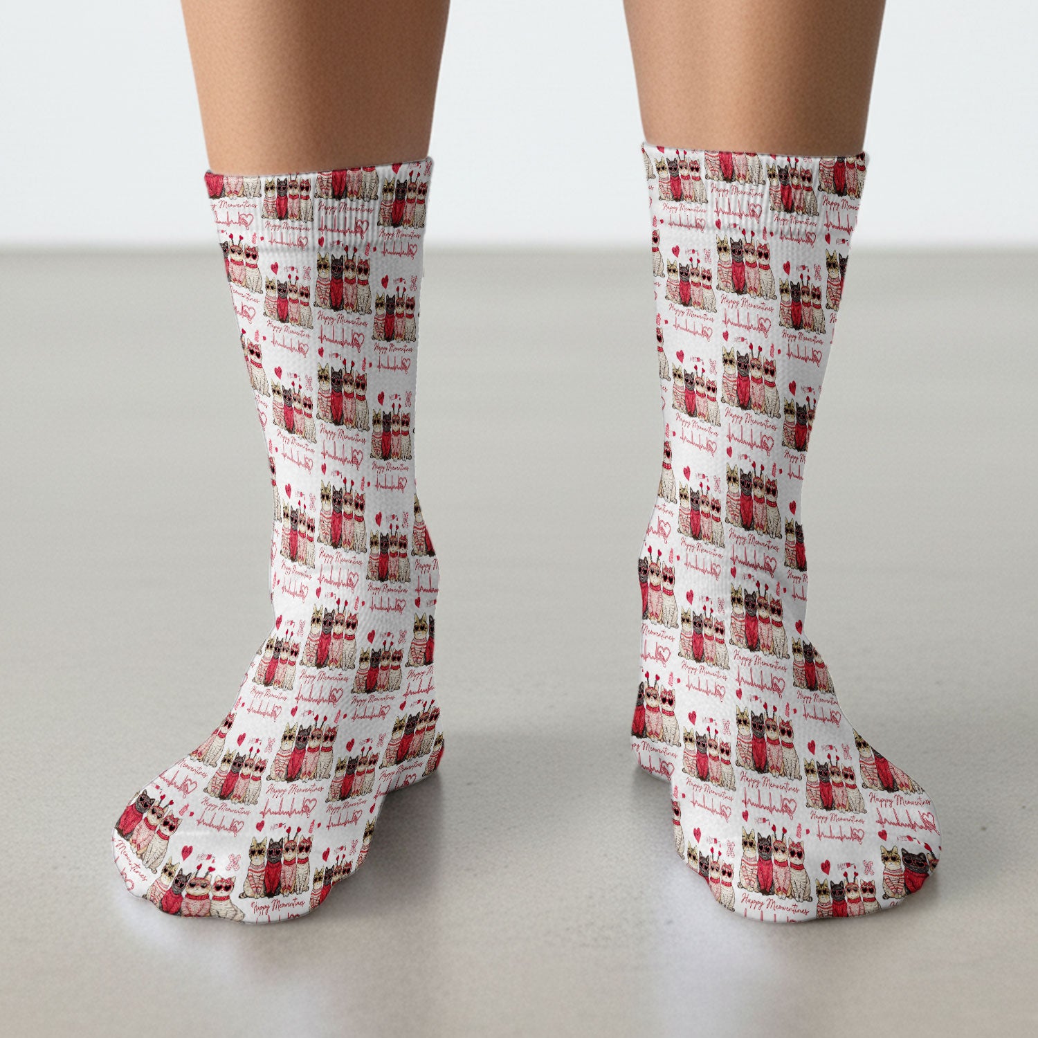 Happy Meowtines Cat Pattern Scrub Socks, Valentine Cat Lover Nurse Scrub Sock, Heartbeat Medical Pattern Nursing Uniform