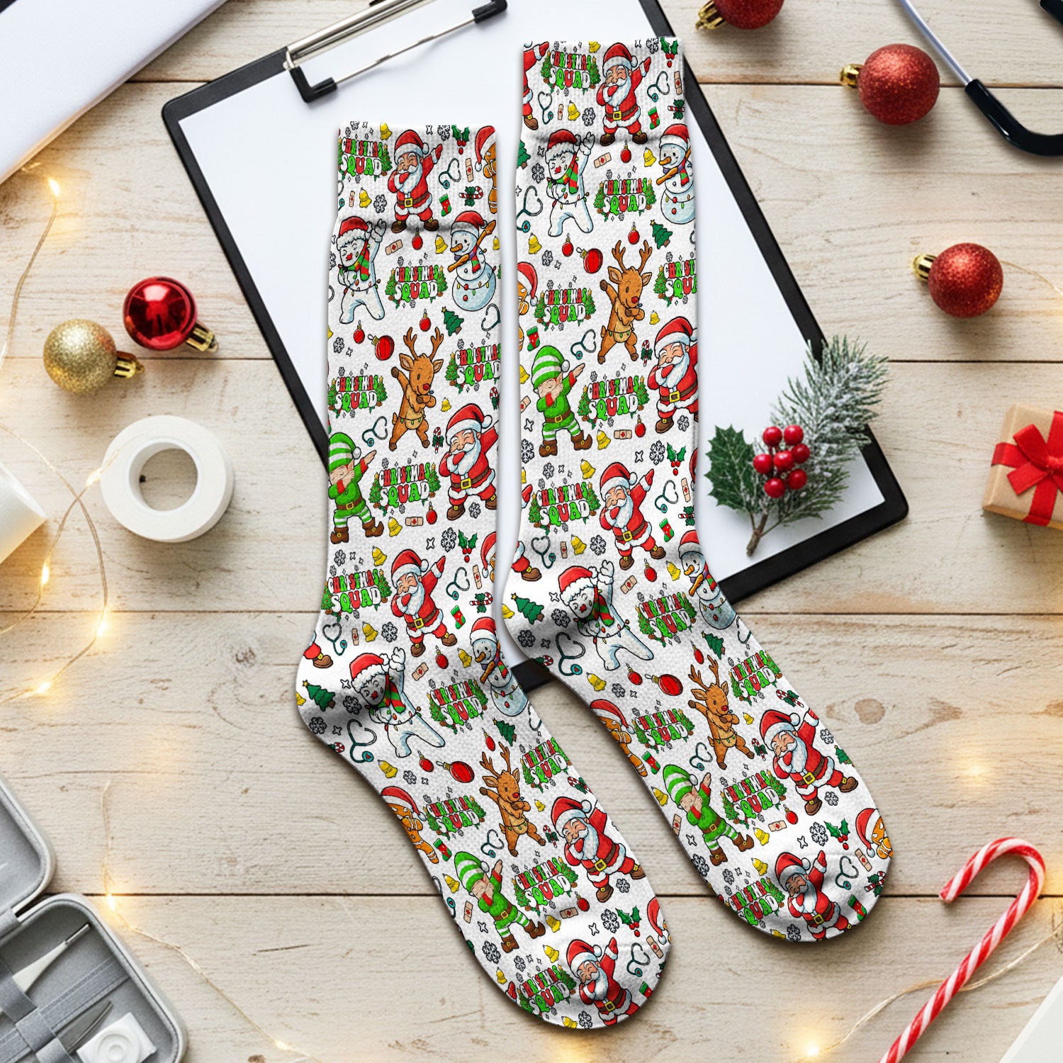 Christmas Squad Socks for Nurse Doctor - Dancing Santa, Reindeer & Elf Adult Socks for Men and Women - Gift for CNA LPN RN