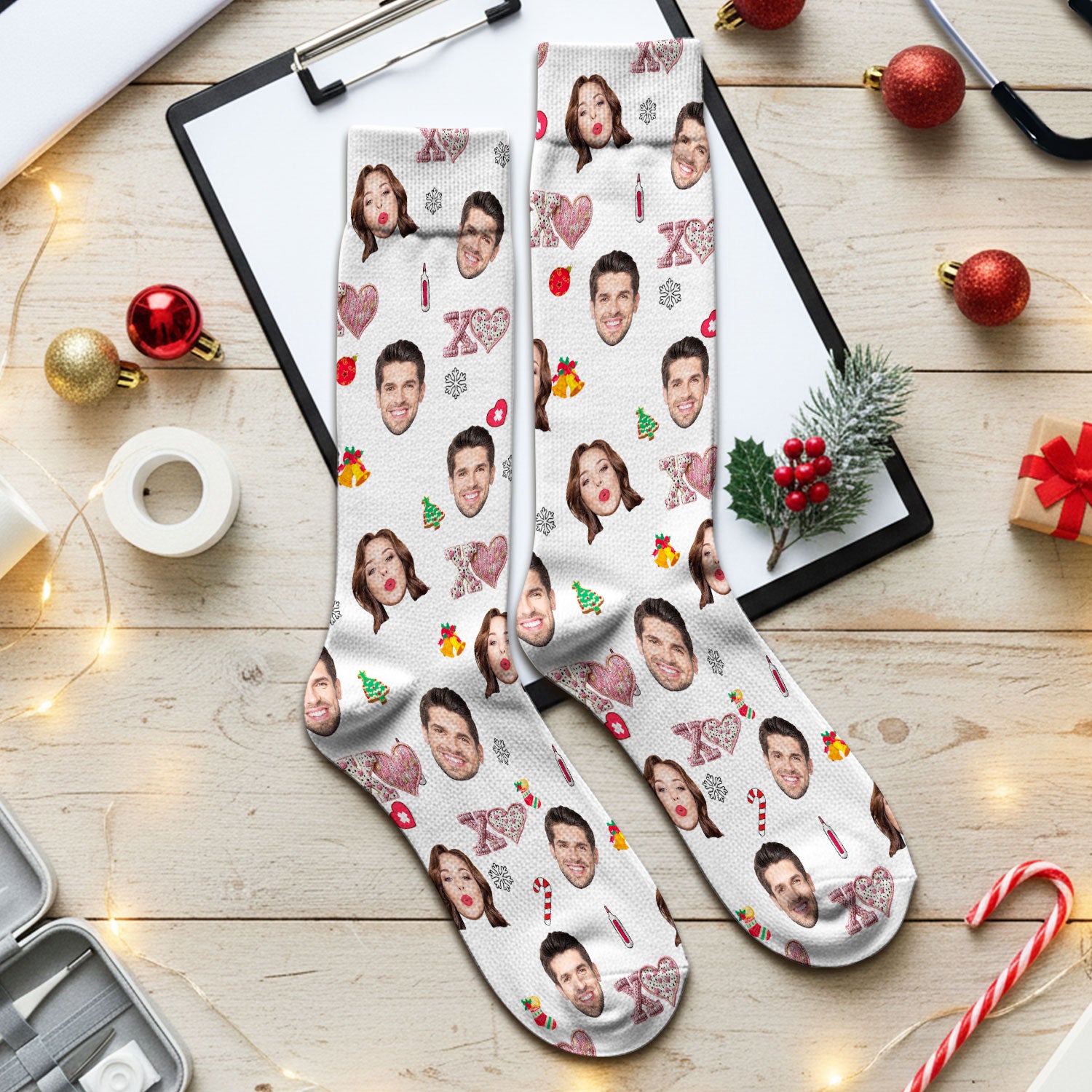 Custom Face Pattern XOXO Scrub Sock, Personalized Photo Scrub Socks, Breathable Fabrics Nursing Uniform