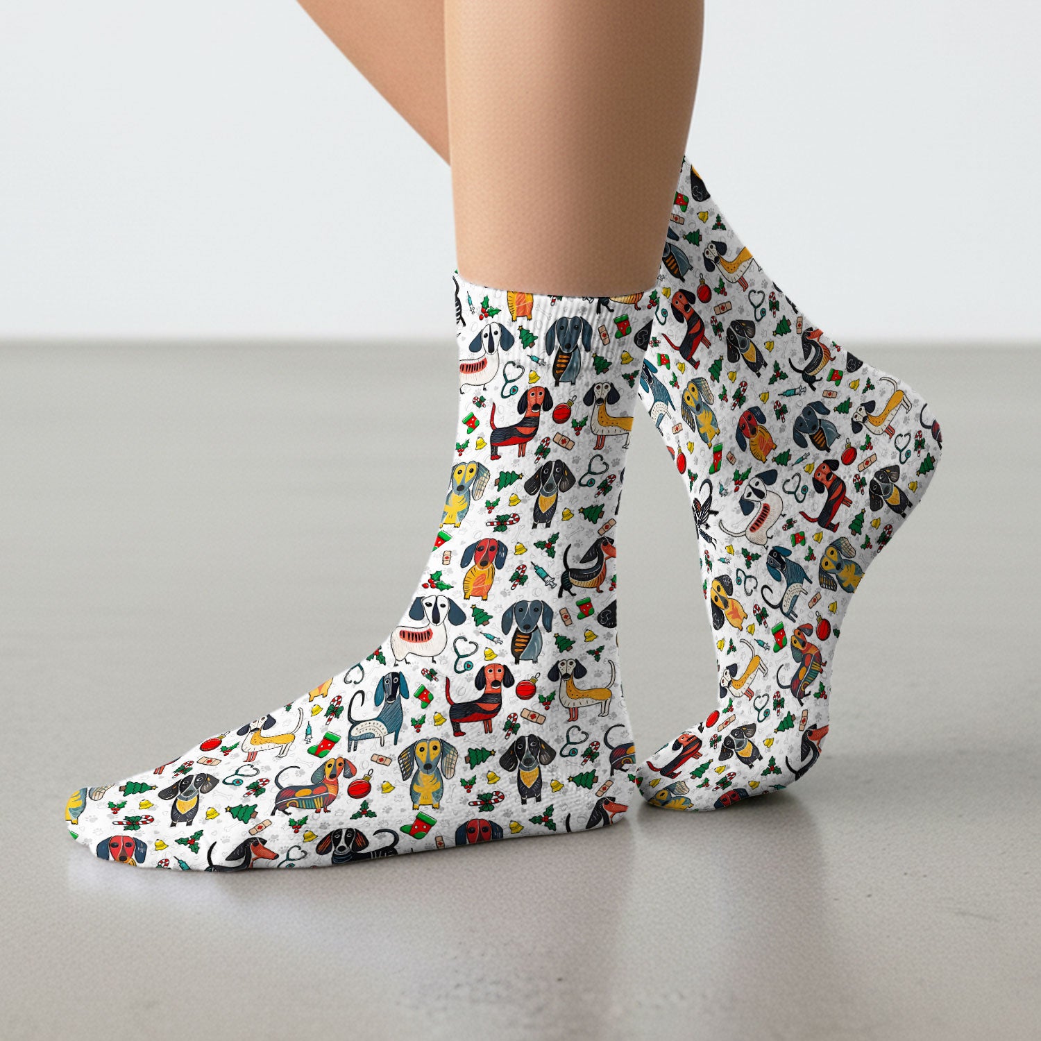 Christmas Wiener Dog Socks for Nurse Doctor - Dachshund Adult Socks for Men and Women - Breathable Fabrics Medical Uniform