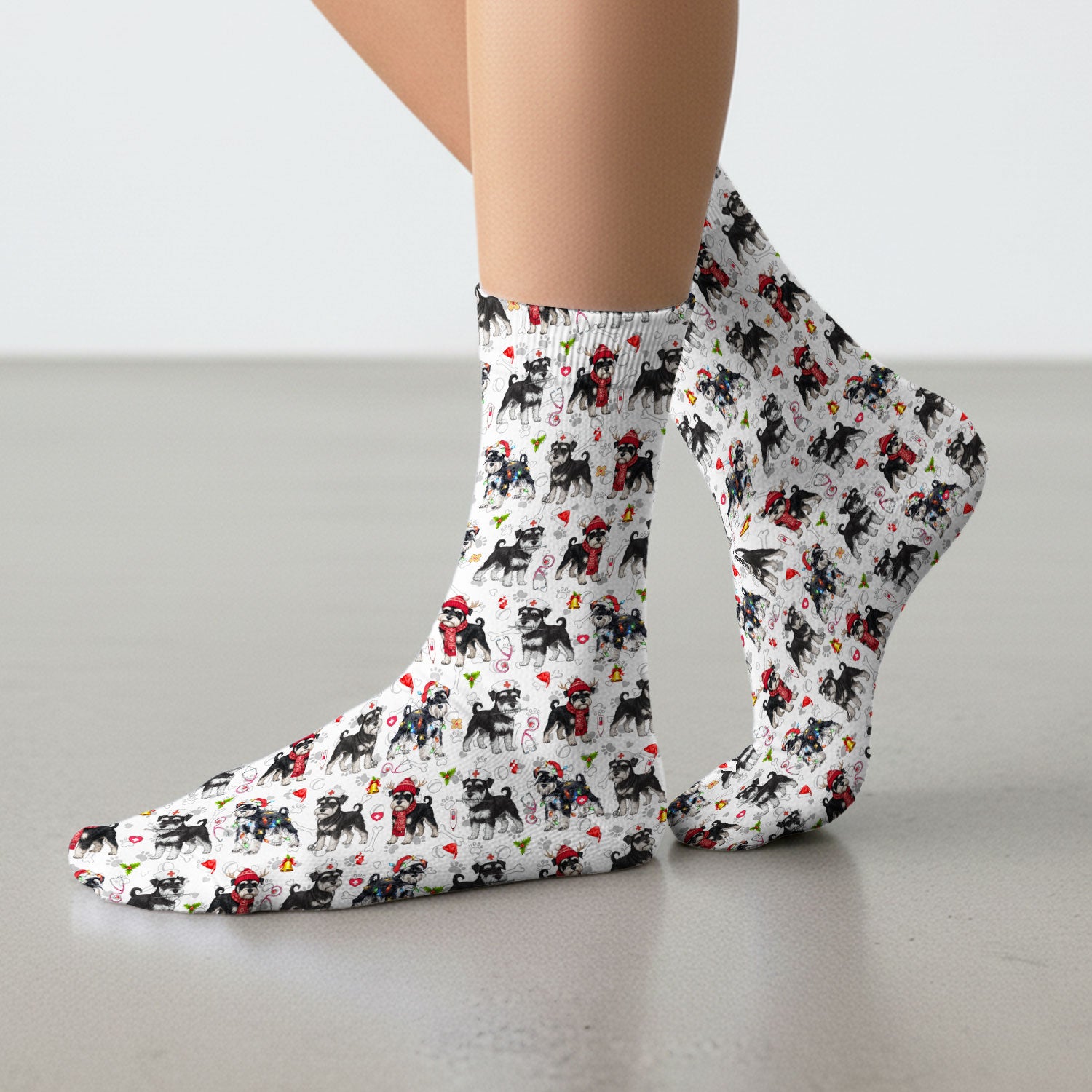 Christmas Schnauzer Socks for Nurse Doctor - Cute Dog Holiday Adult Socks for Men and Women - Breathable Fabrics Medical Uniform