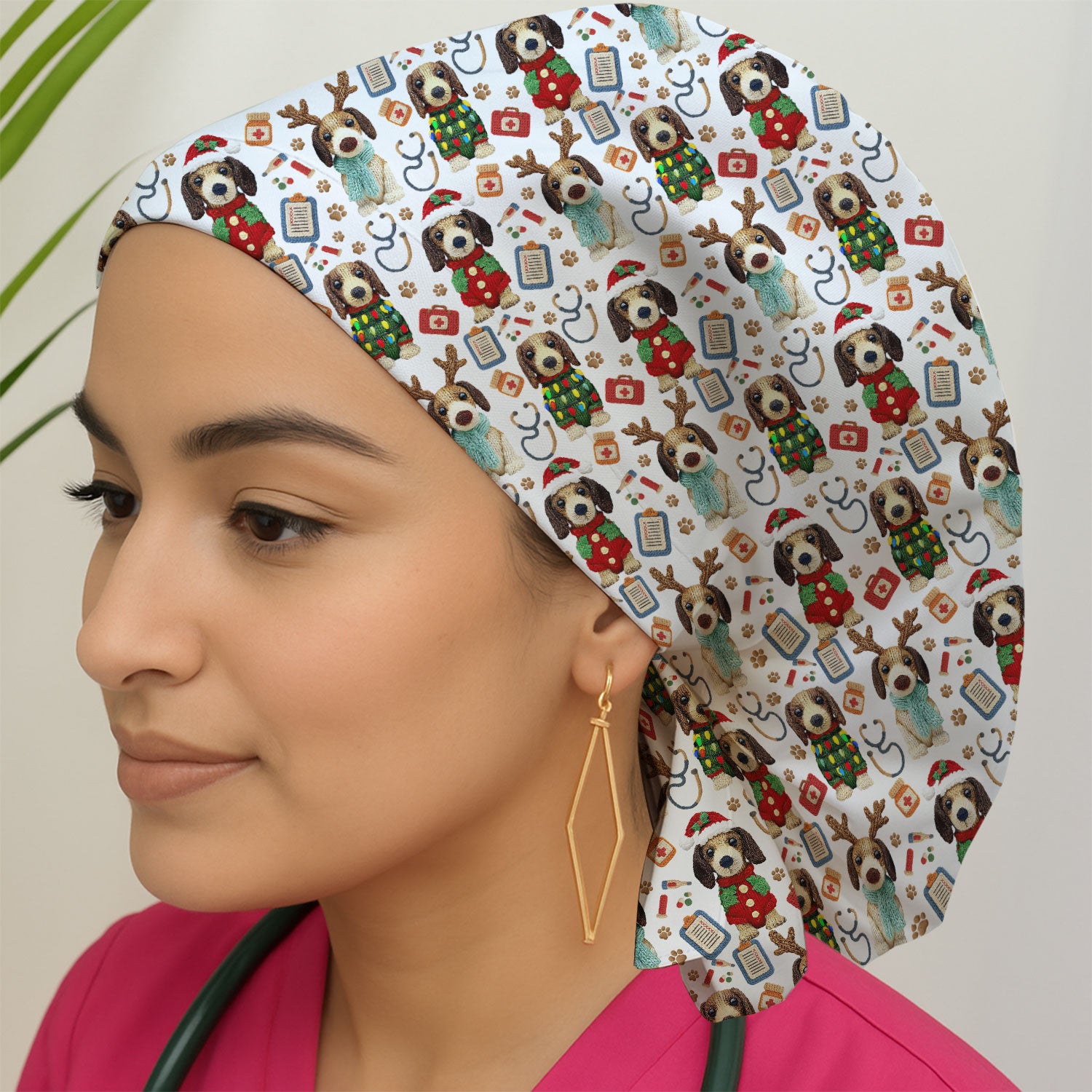 Christmas Wiener Dog Bouffant Scrub Caps for Women - Winter Dachshund Holiday Nursing Gift - Breathable Fabrics Caps Uniform