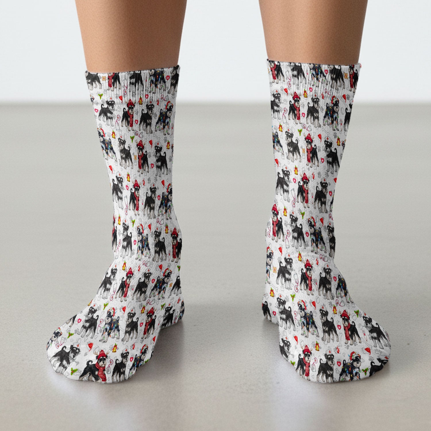 Christmas Schnauzer Socks for Nurse Doctor - Cute Dog Holiday Adult Socks for Men and Women - Breathable Fabrics Medical Uniform
