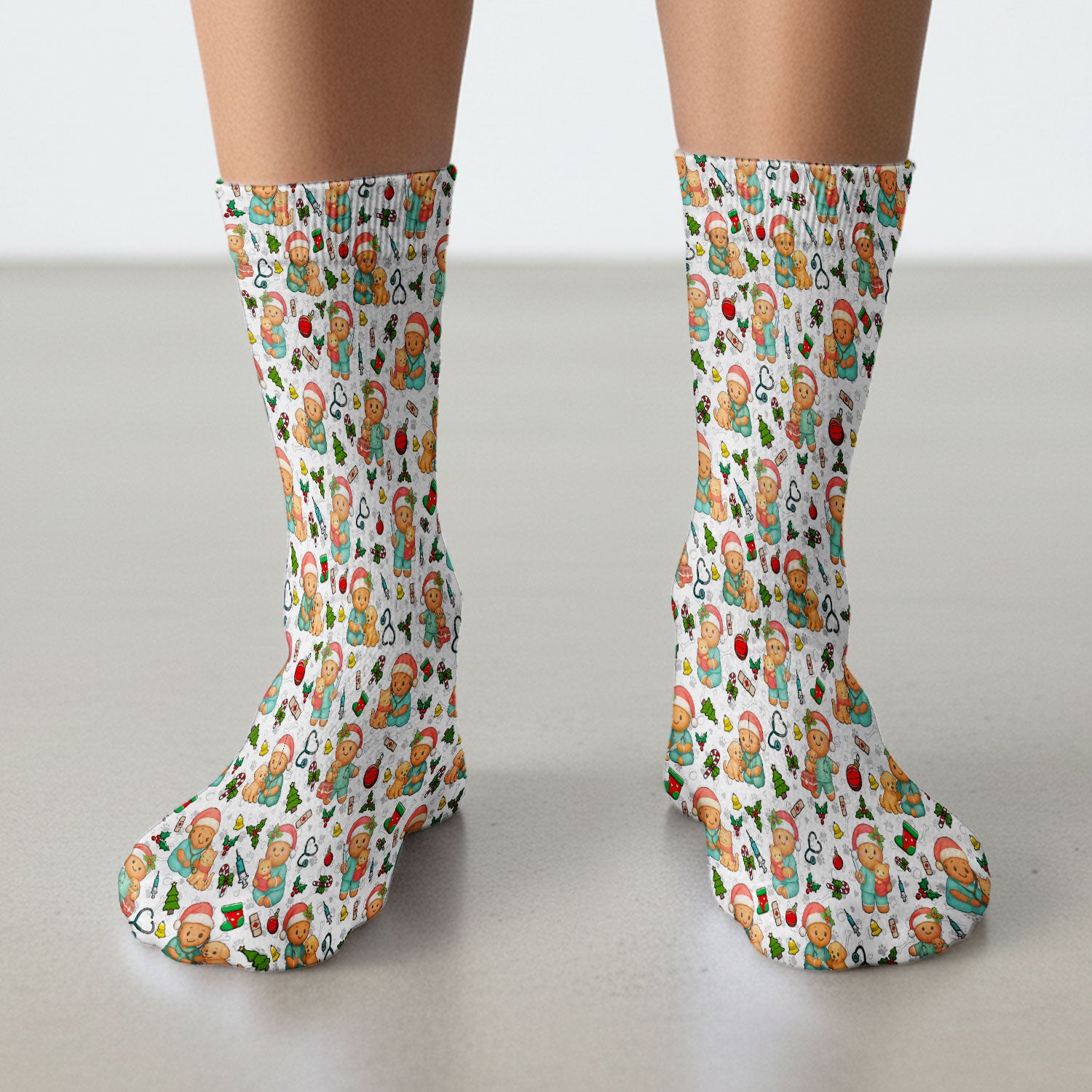 Cute Pharmacy Christmas Socks – Funny Gingerbread Nurse Print Socks – Festive Holiday Medical Uniform for Pharmacy Tech and Doctor