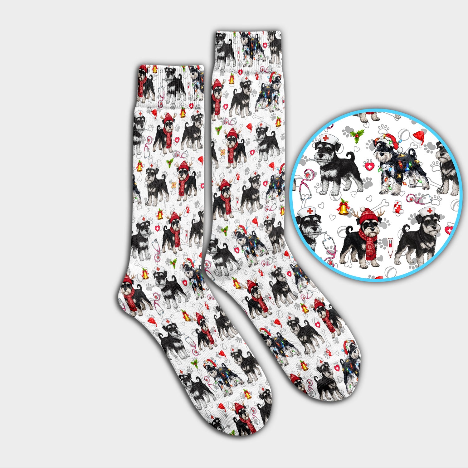 Christmas Schnauzer Socks for Nurse Doctor - Cute Dog Holiday Adult Socks for Men and Women - Breathable Fabrics Medical Uniform