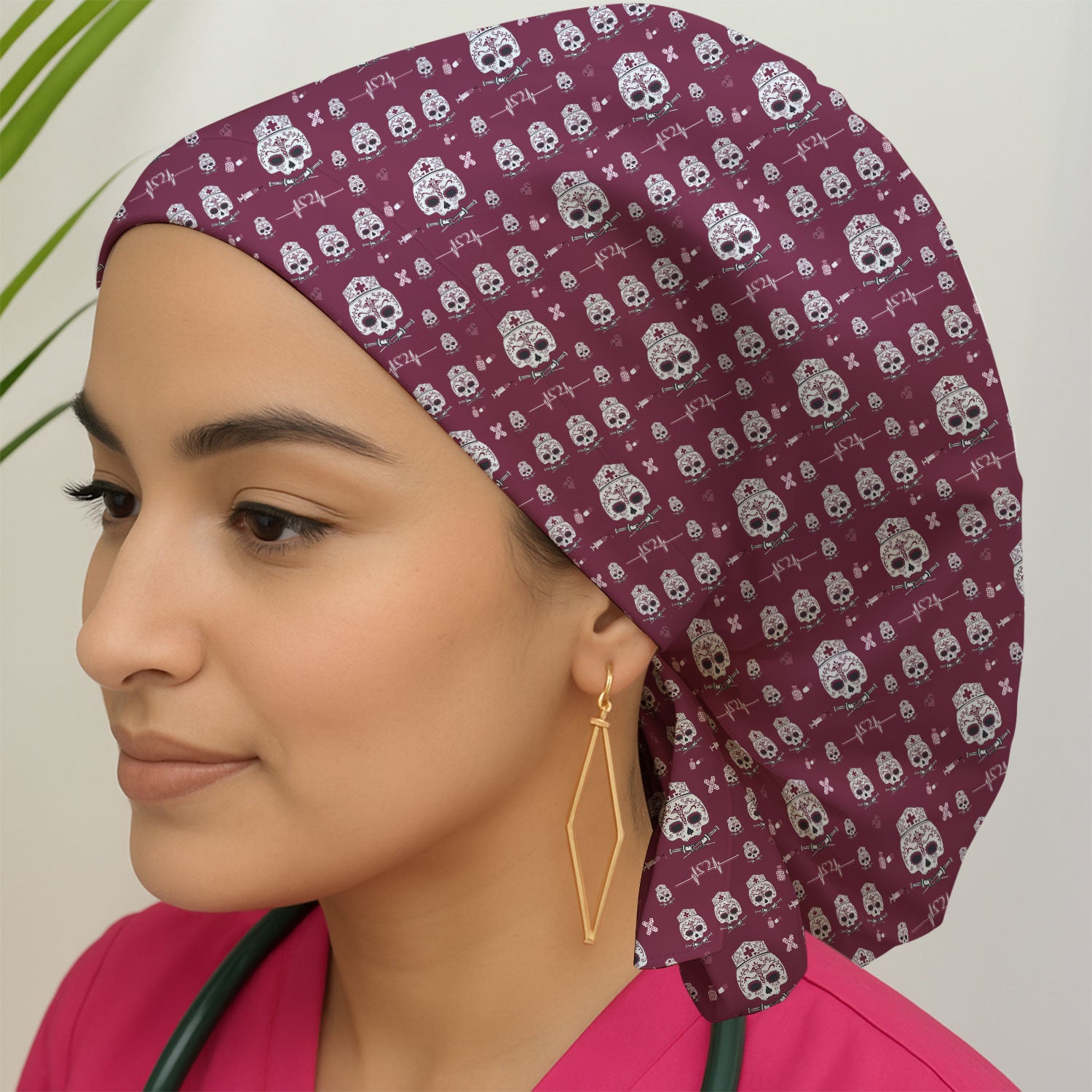 Sugar Skull Scrub Cap, Skull Pattern Scrub Hat, Breathable Fabrics Nursing Uniform