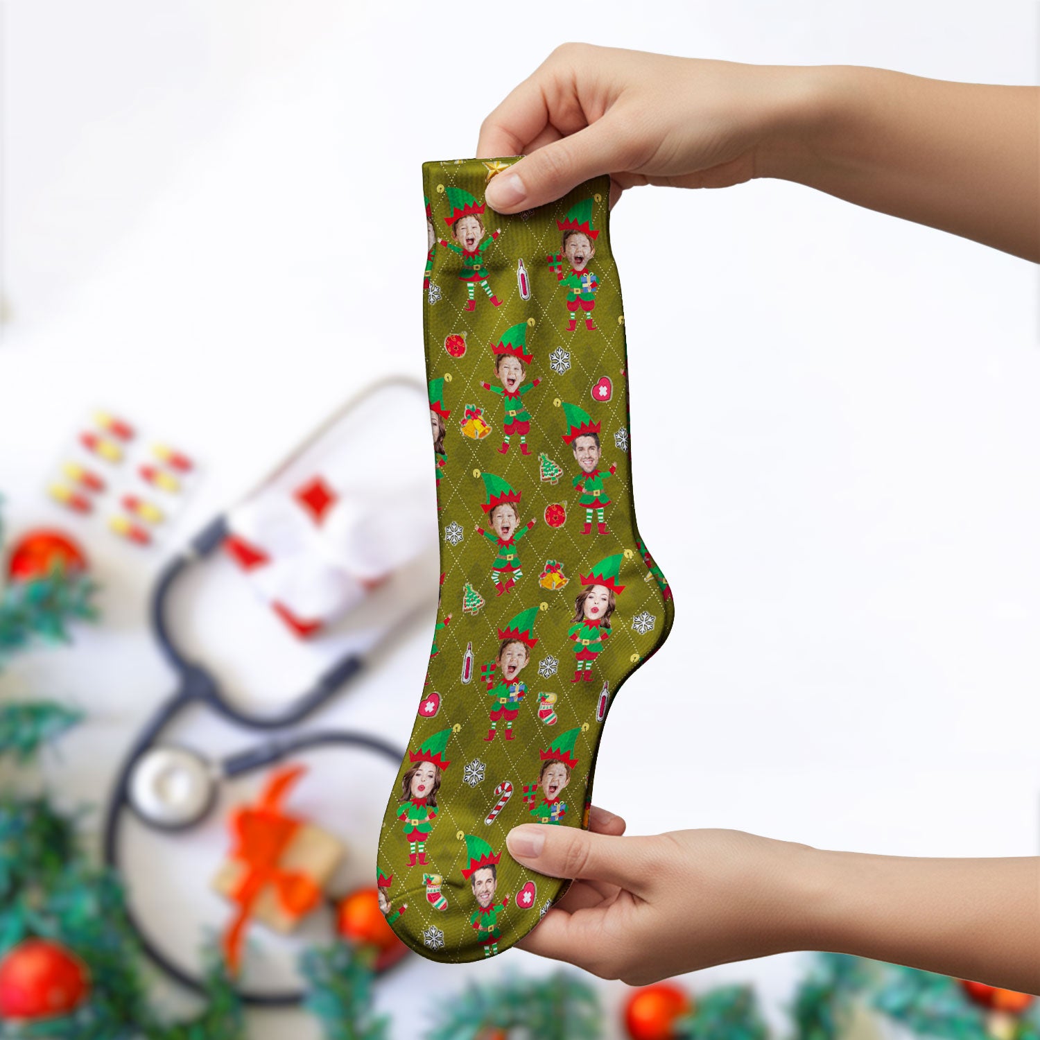 Personalized Face Nurse Sock, Custom Photo Christmas Scrub Socks, Funny Holiday Medical Uniform For Nursing