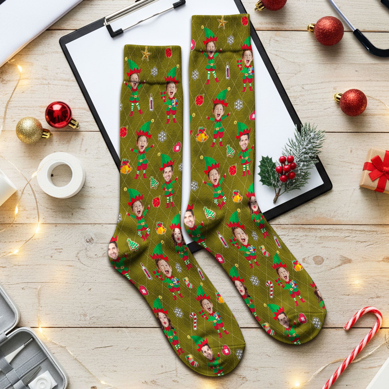 Personalized Face Nurse Sock, Custom Photo Christmas Scrub Socks, Funny Holiday Medical Uniform For Nursing