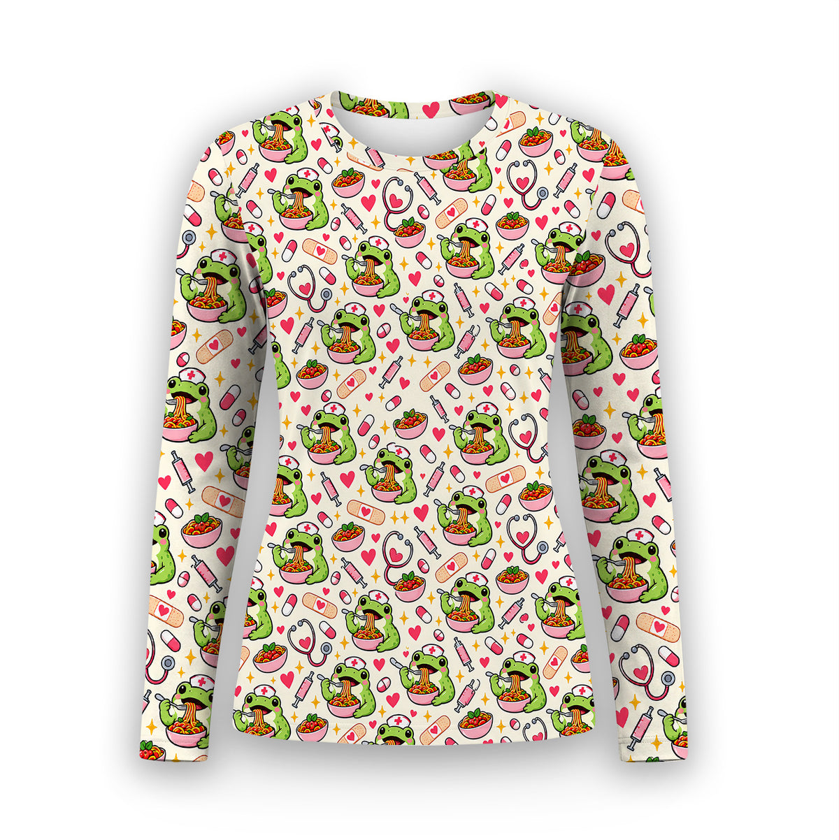 Cute Nurse Frogs Eating Noodles Pattern Underscrub, Long Sleeve Shirt for Nurses