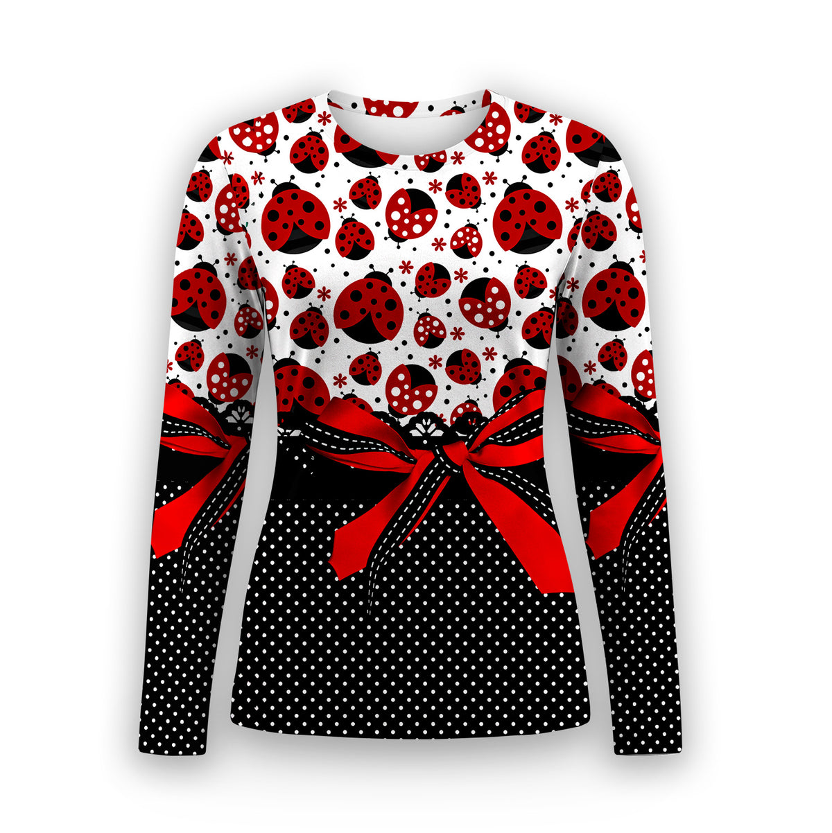 Ladybug Bow And Polka Dot Underscrub, Long Sleeve Shirt for Nurses