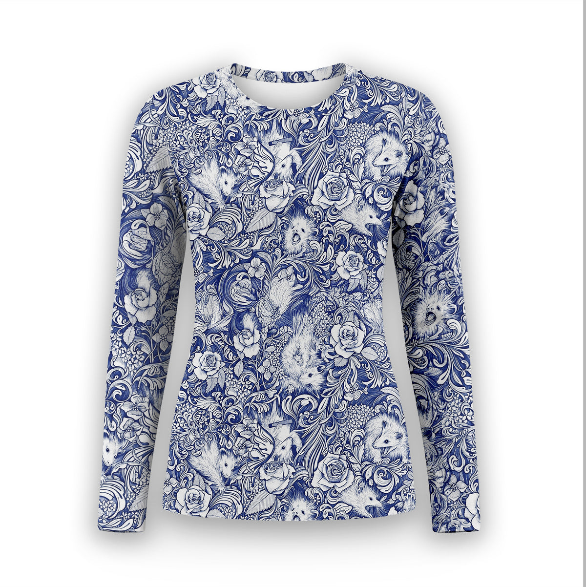 Blue Floral Opossum and Roses Underscrub, Long Sleeve Shirt for Nurses