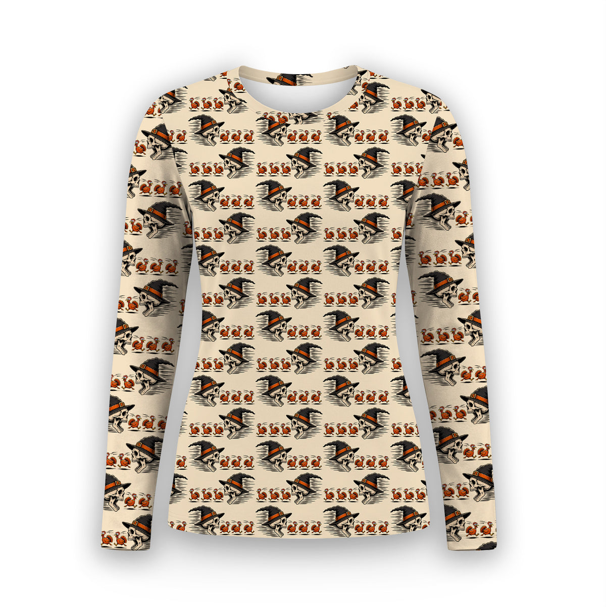 Funny Thanksgiving Skull Chasing Turkeys Pattern Underscrub, Long Sleeve Shirt for Nurses