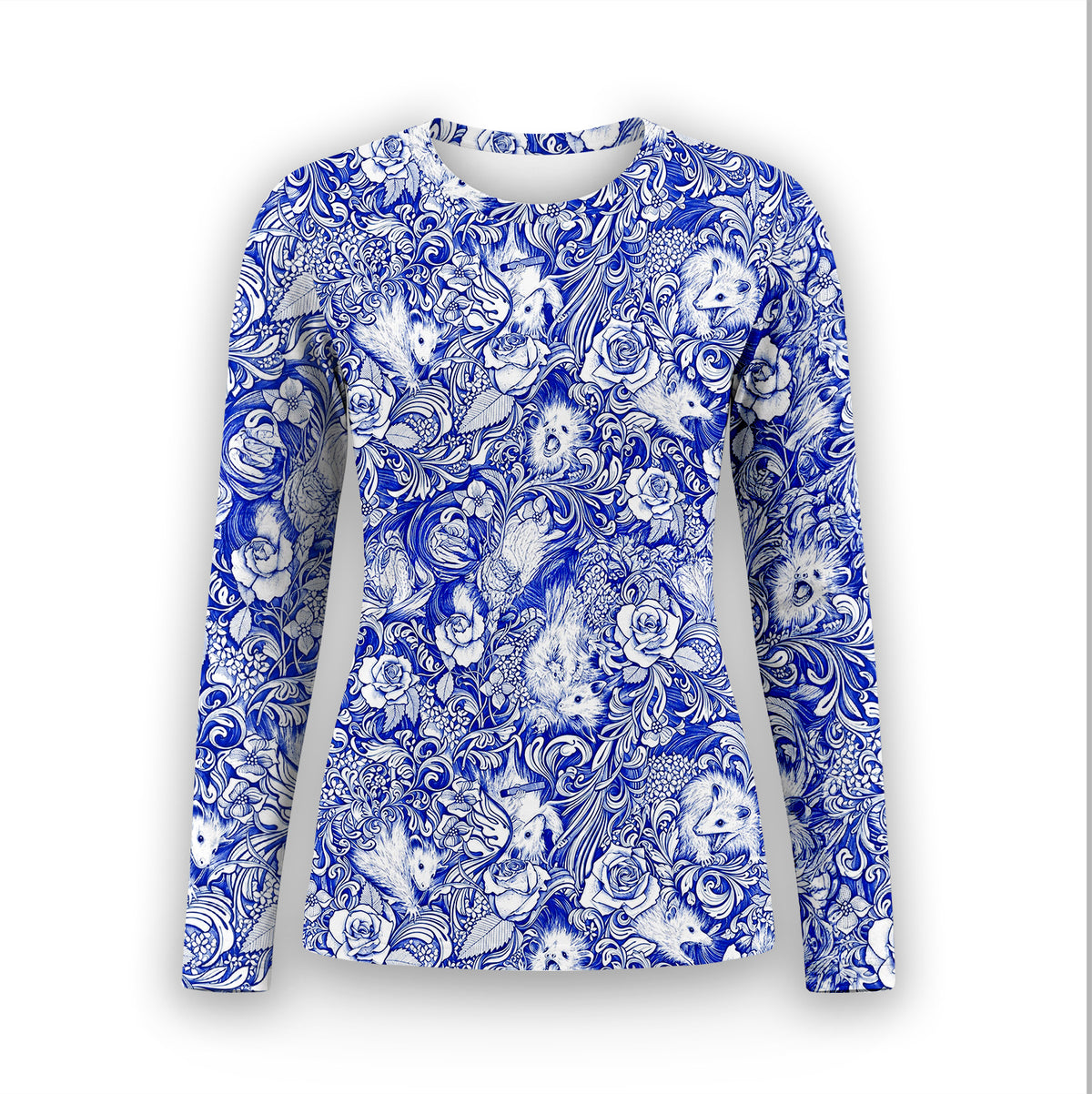 Blue Floral Opossum and Roses Underscrub, Long Sleeve Shirt for Nurses