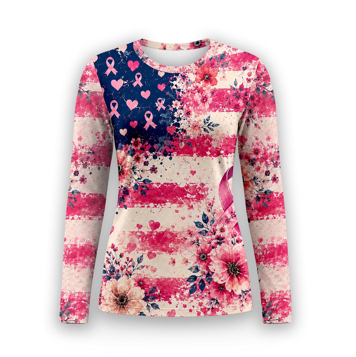 Breast Cancer Awareness Floral Ribbon Underscrub, Long Sleeve Shirt for Nurses