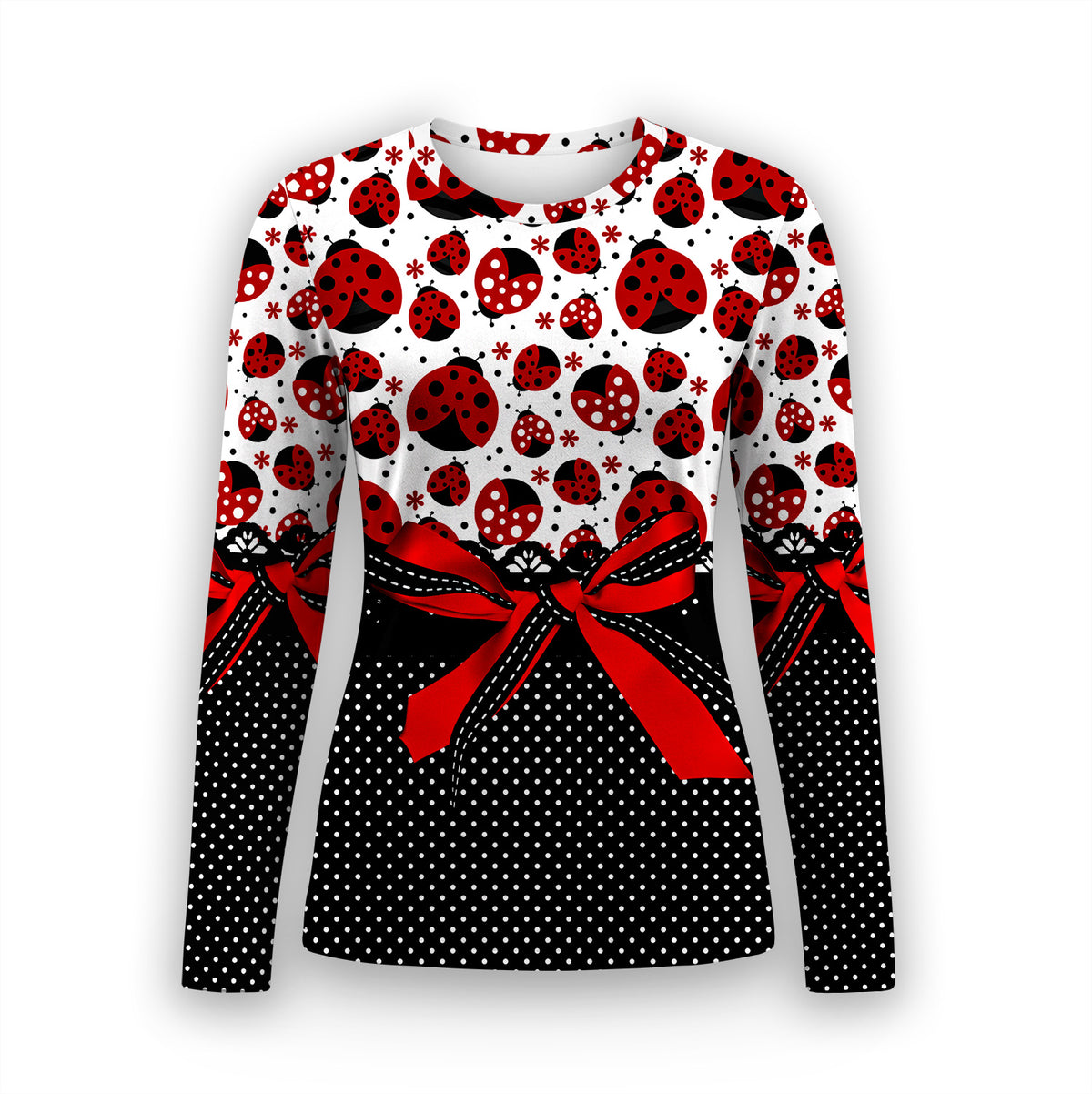 Unterziehshirt mit Marienkäfer- und Punkten-Schleifen-Motiv, gemütliches Langarmshirt für Pflegekräfte