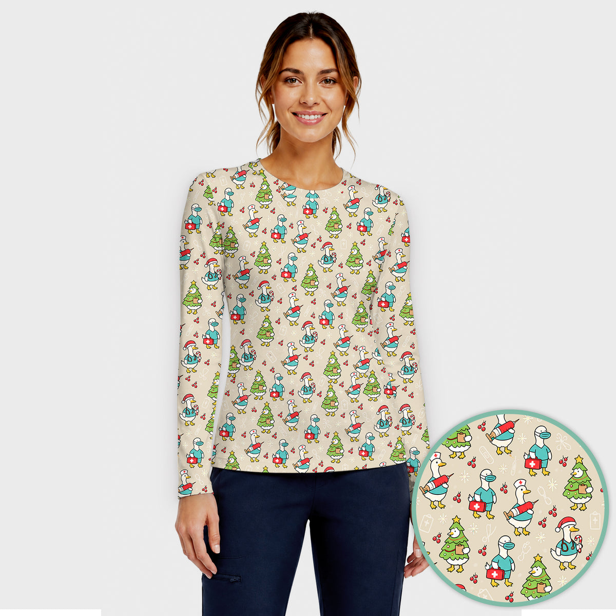 Cute Christmas Nurse Goose Underscrub, Long Sleeve Shirt for Nurses