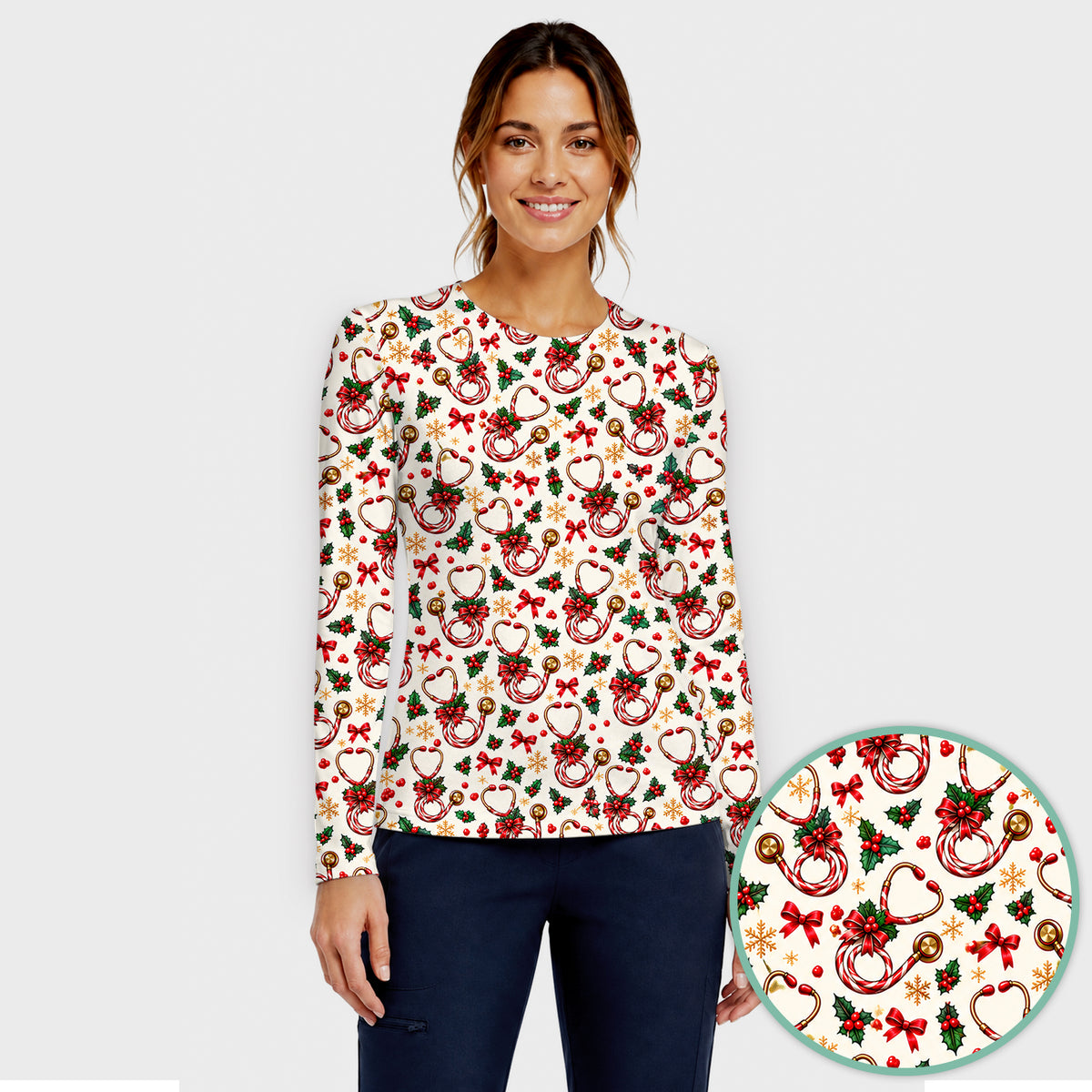 Christmas Candy Cane Stethoscope Pattern Underscrub, Long Sleeve Shirt for Nurses