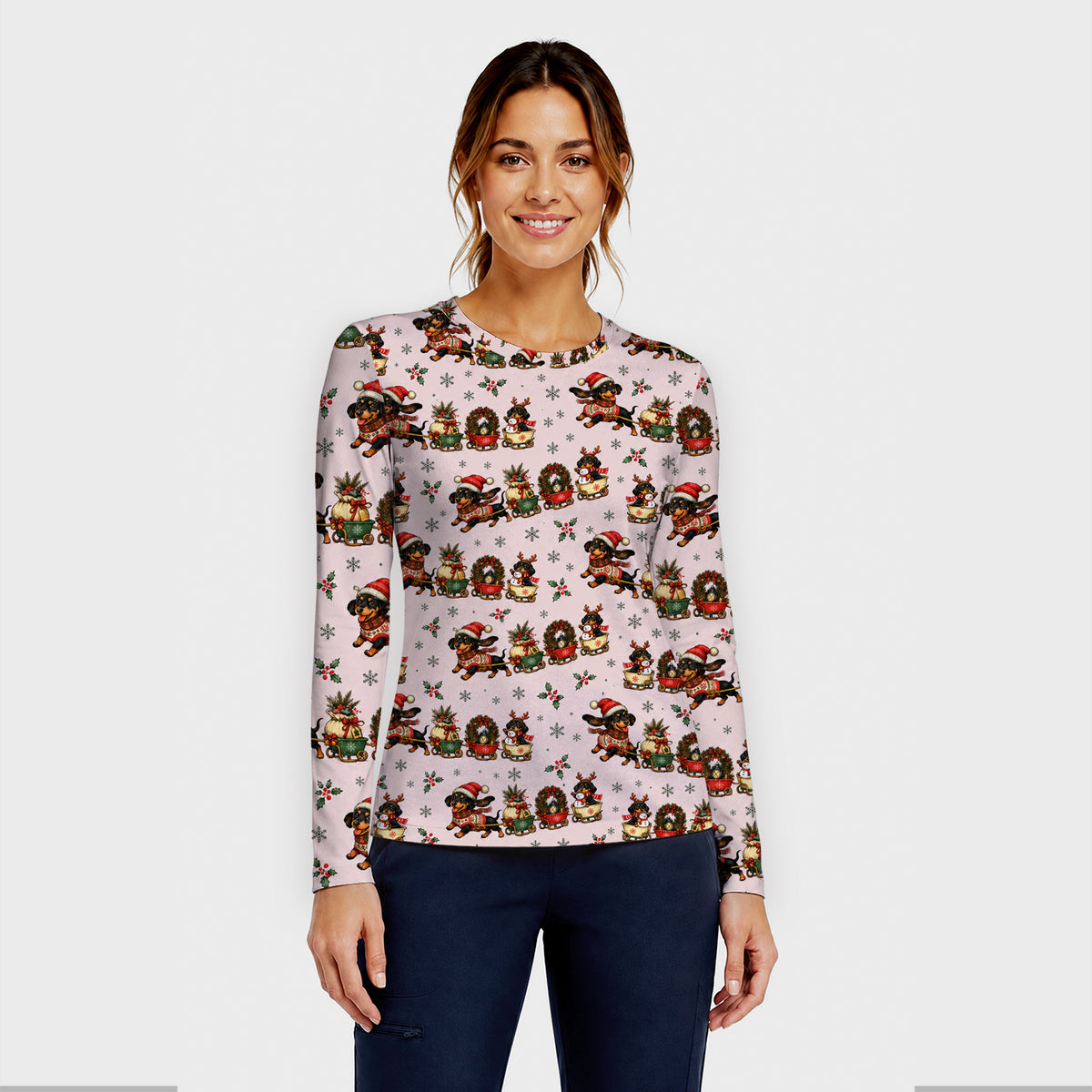 Christmas Dachshund Wagon Train Underscrub, Long Sleeve Shirt for Nurses