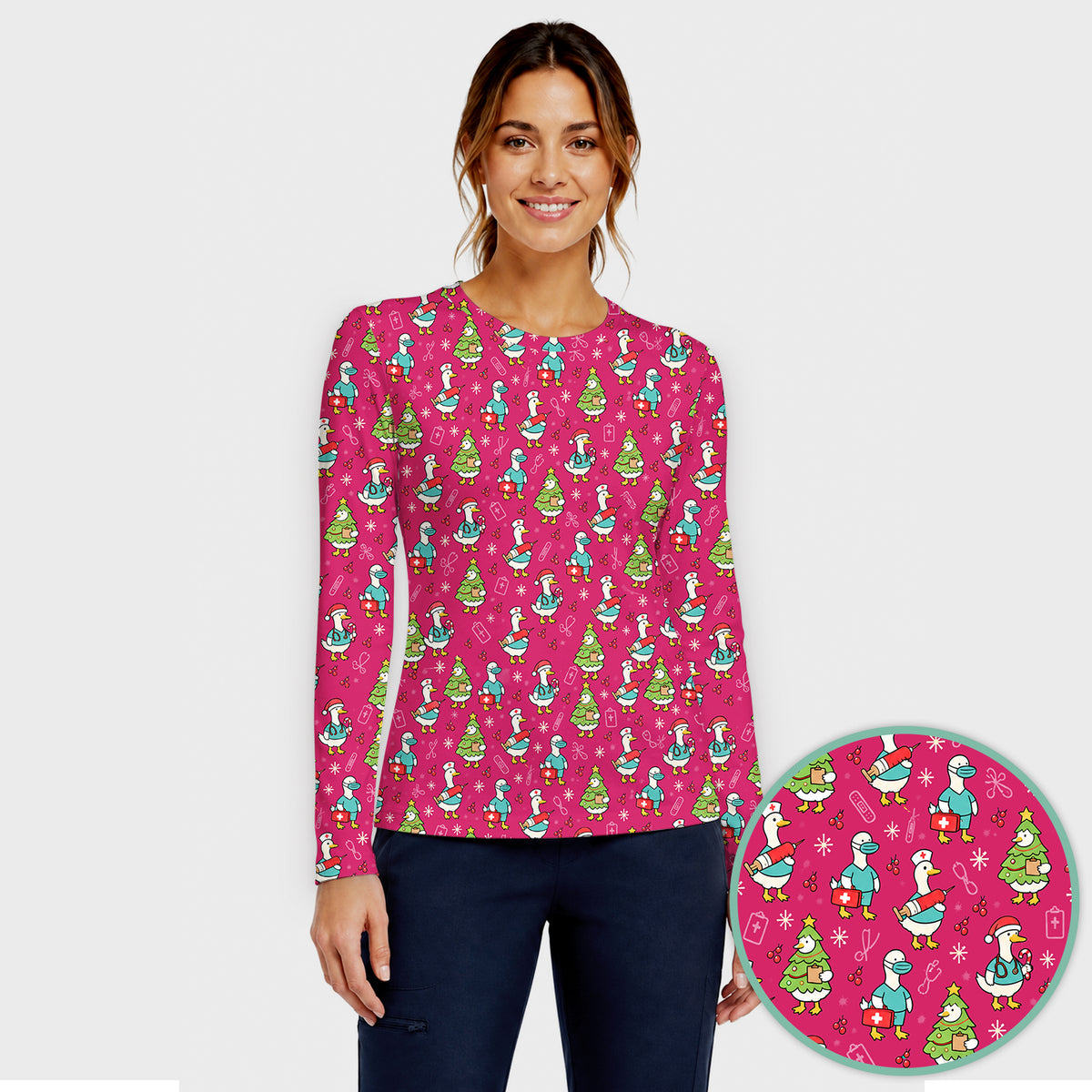 Cute Christmas Nurse Goose Underscrub, Long Sleeve Shirt for Nurses