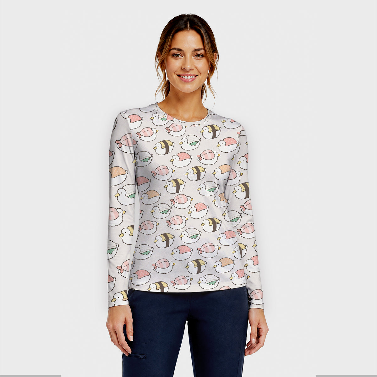 Cute Nigiri Sushi Ducks Pattern Underscrub, Long Sleeve Shirt for Nurses