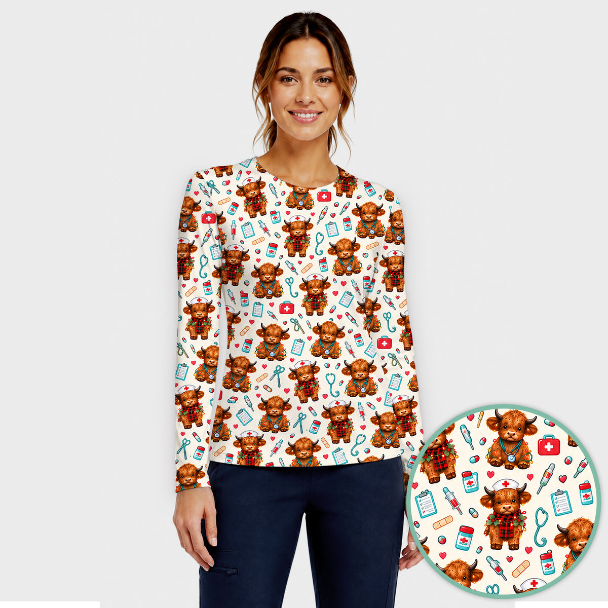 Cute Christmas Highland Cow Nurse Underscrub, Long Sleeve Shirt for Nurses