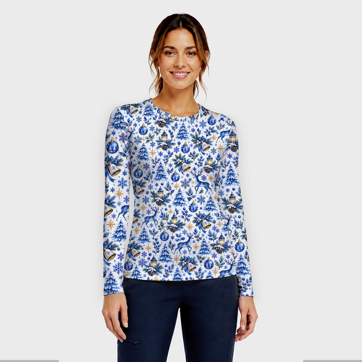 Blue Christmas Reindeer And Winter Trees Underscrub, Long Sleeve Shirt for Nurses