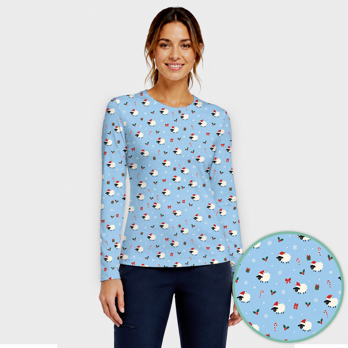 Cute Christmas Sheep Pattern Underscrub, Long Sleeve Shirt for Nurses
