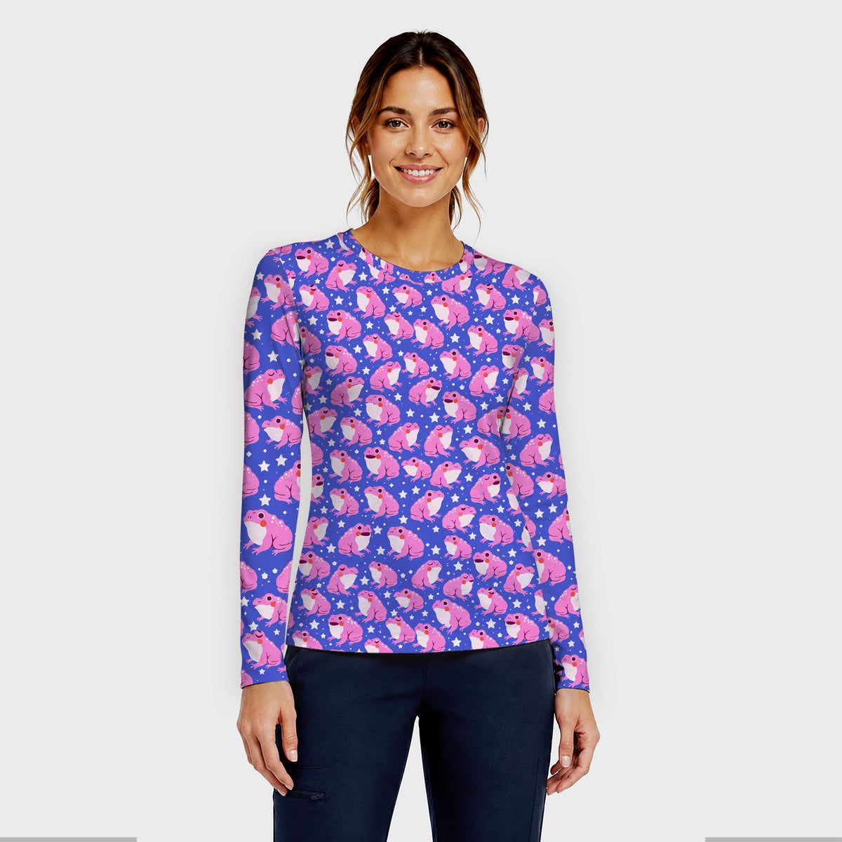 Cute Pink Frogs with Stars Pattern Underscrub, Long Sleeve Shirt for Nurses