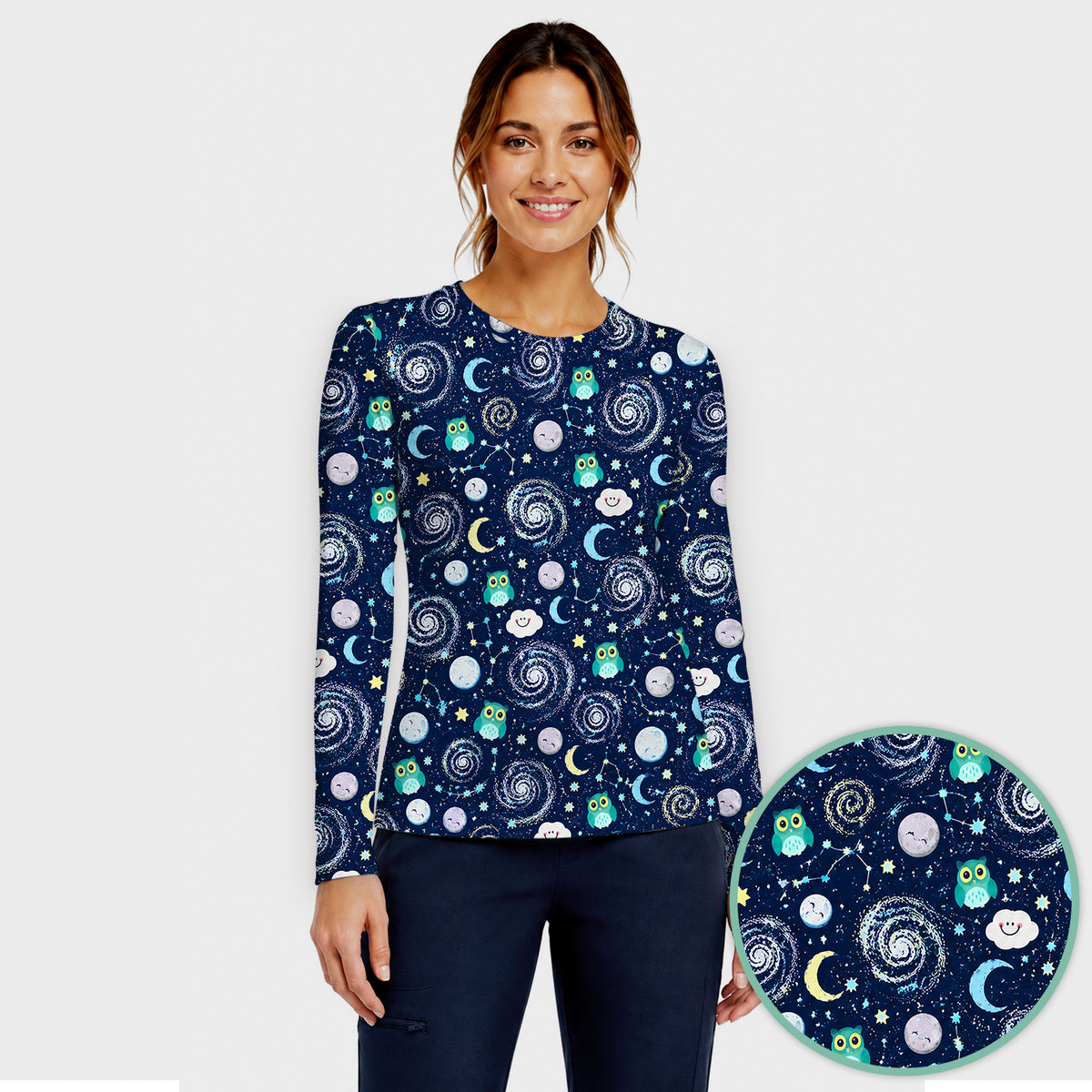 Cute Night Owl Galaxy Pattern Underscrub, Long Sleeve Shirt for Nurses
