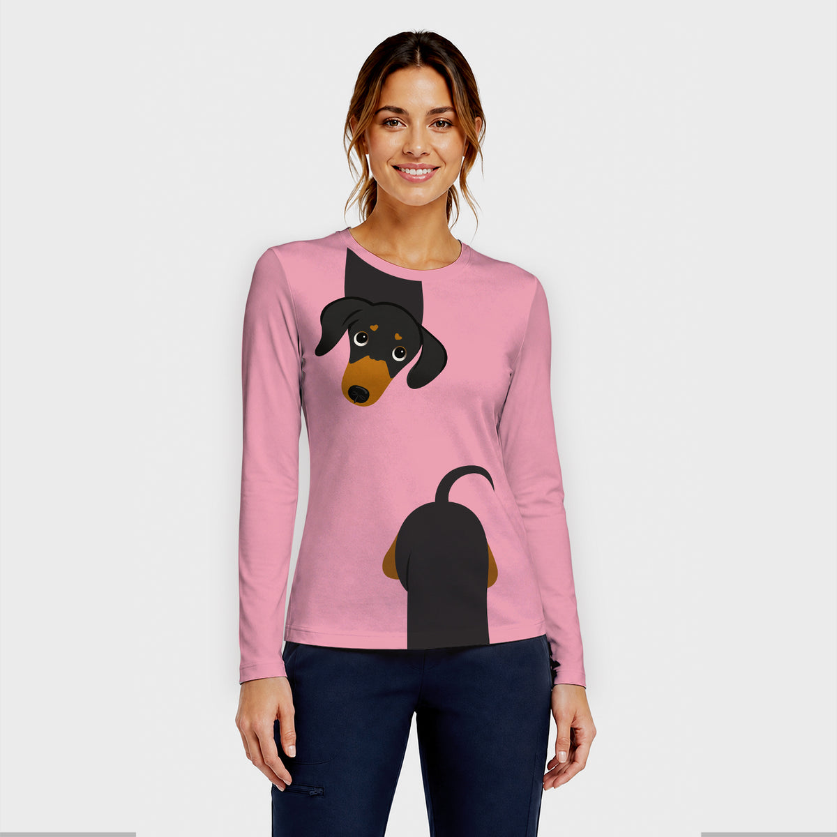 Cute Peekaboo Dachshund Dog Underscrub, Long Sleeve Shirt for Nurses