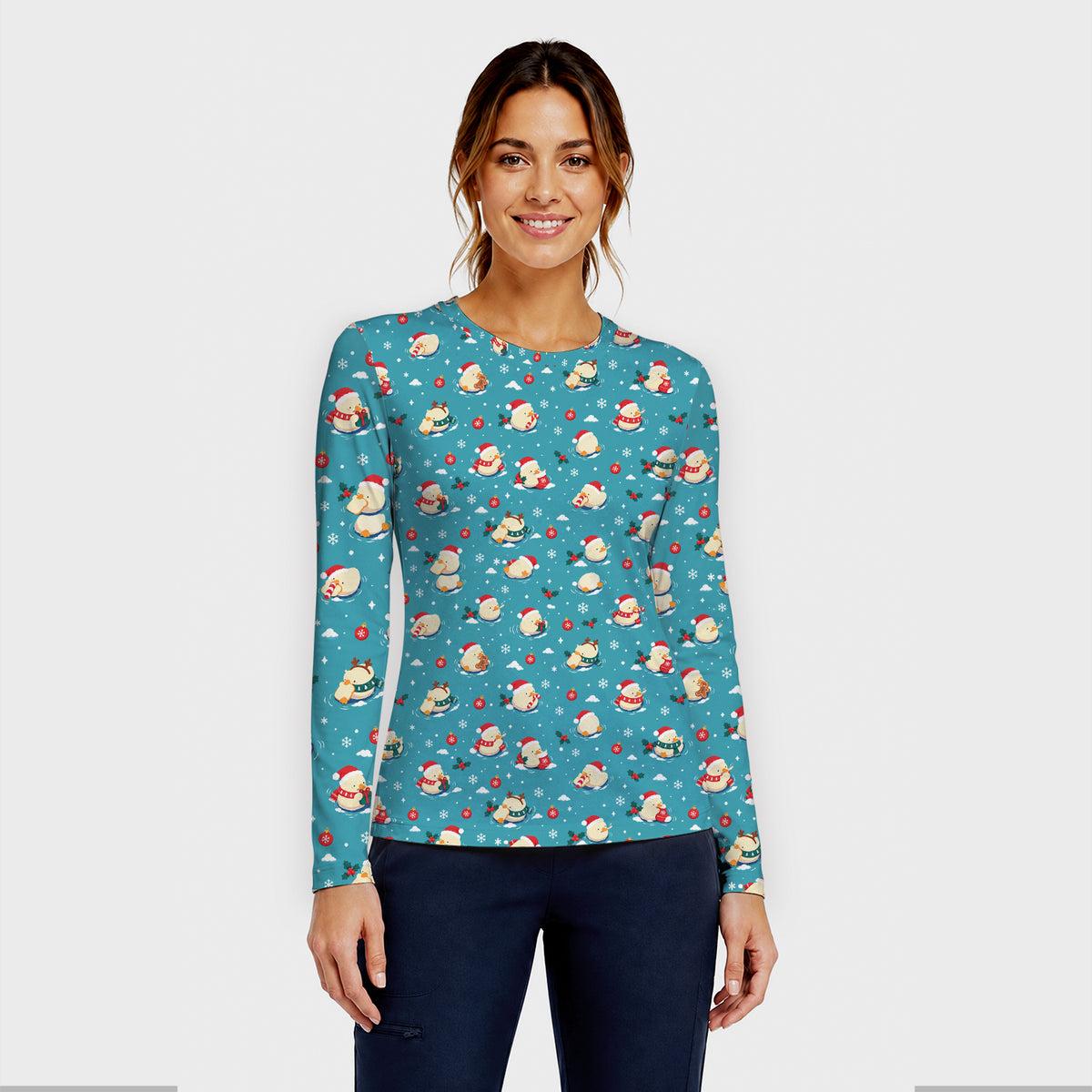 Christmas Ducks In Santa Hats Underscrub, Long Sleeve Shirt for Nurses
